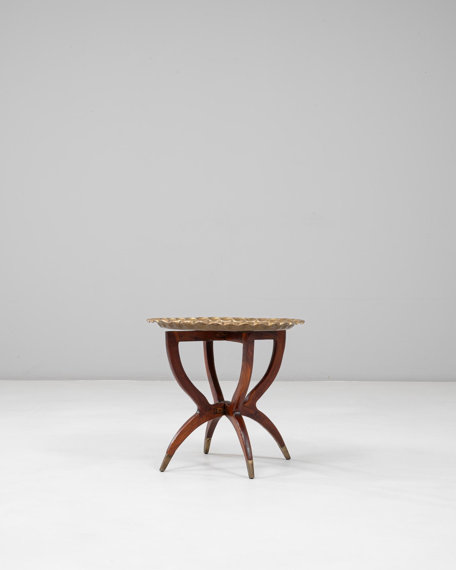 1970s Moroccan Mid-Century Walnut Coffee Table With Spider Legs and Bronze Top For Sale 1