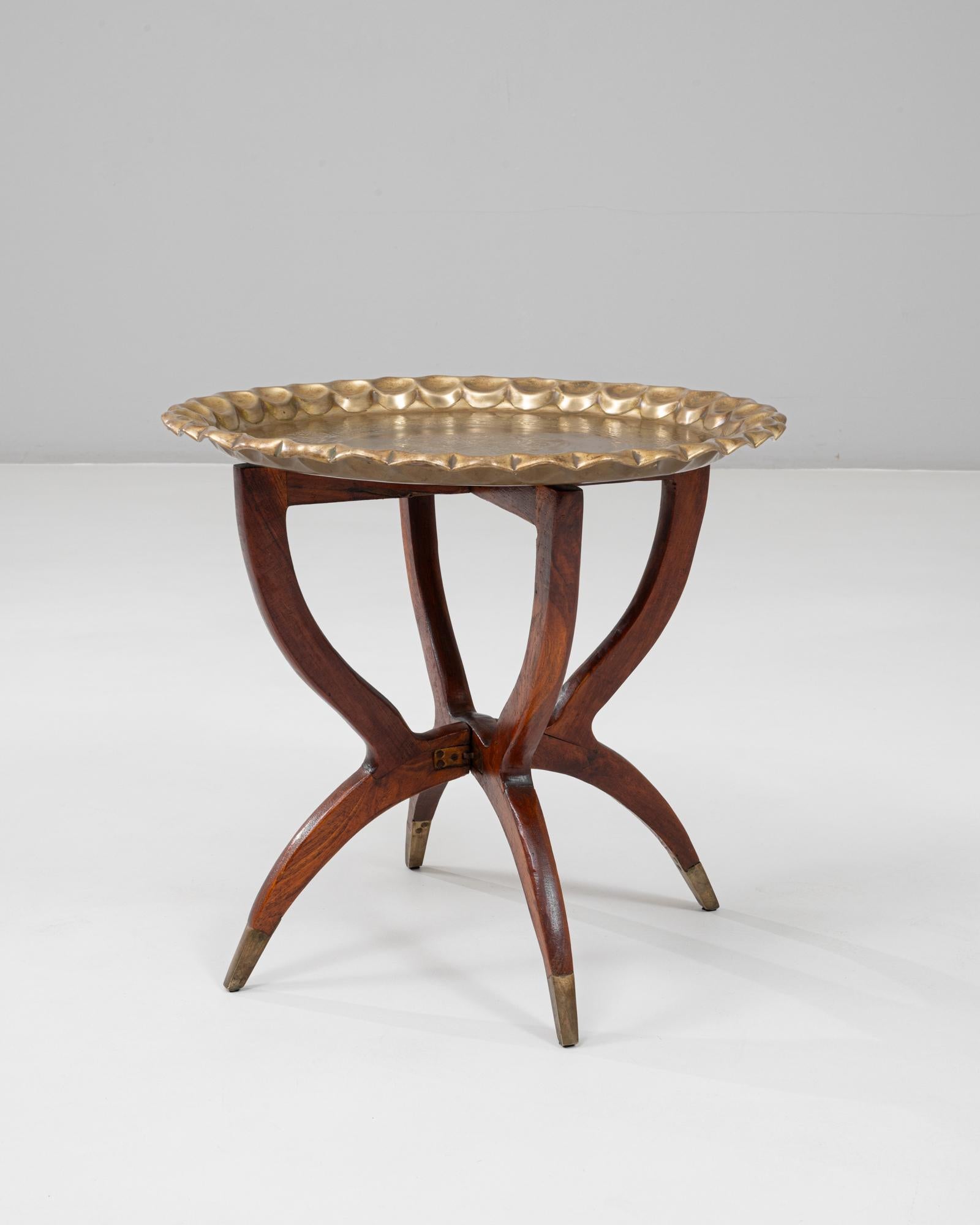 1970s Moroccan Mid-Century Walnut Coffee Table With Spider Legs and Bronze Top For Sale 2
