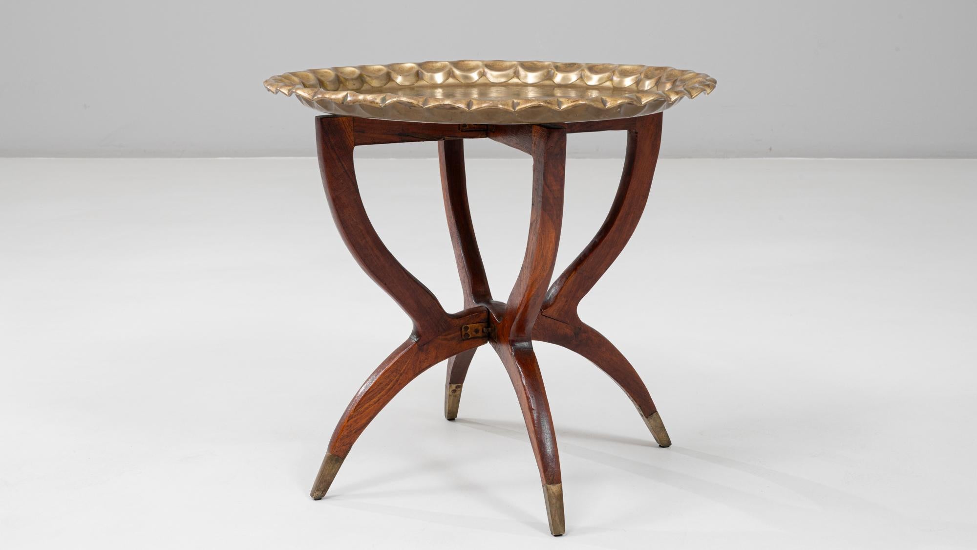 1970s Moroccan Mid-Century Walnut Coffee Table With Spider Legs and Bronze Top For Sale 3