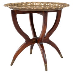 1970s Moroccan Mid-Century Walnut Coffee Table With Spider Legs and Bronze Top