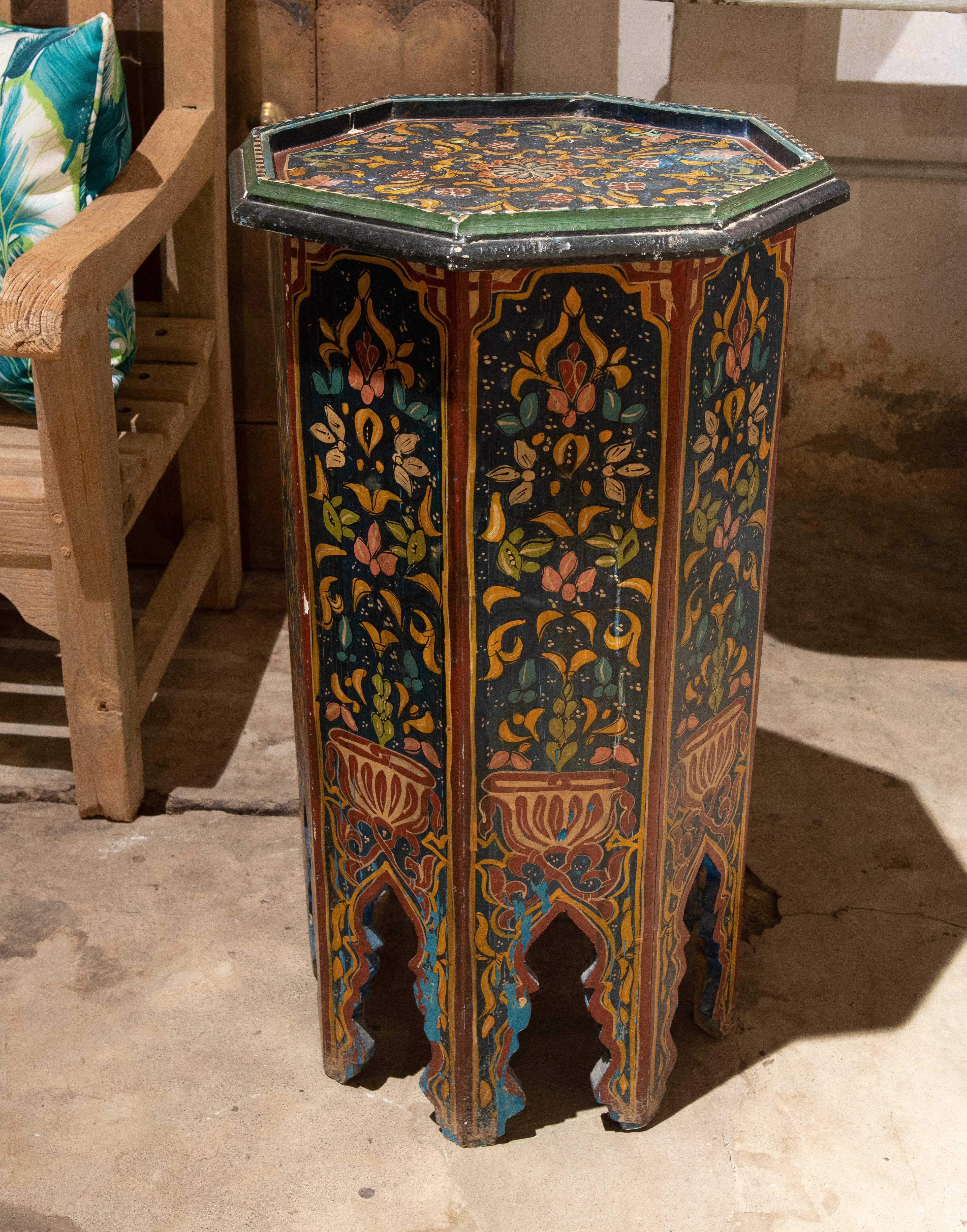 20th Century 1970s Moroccan Octagonal Side Table in Hand-Painted Wood 