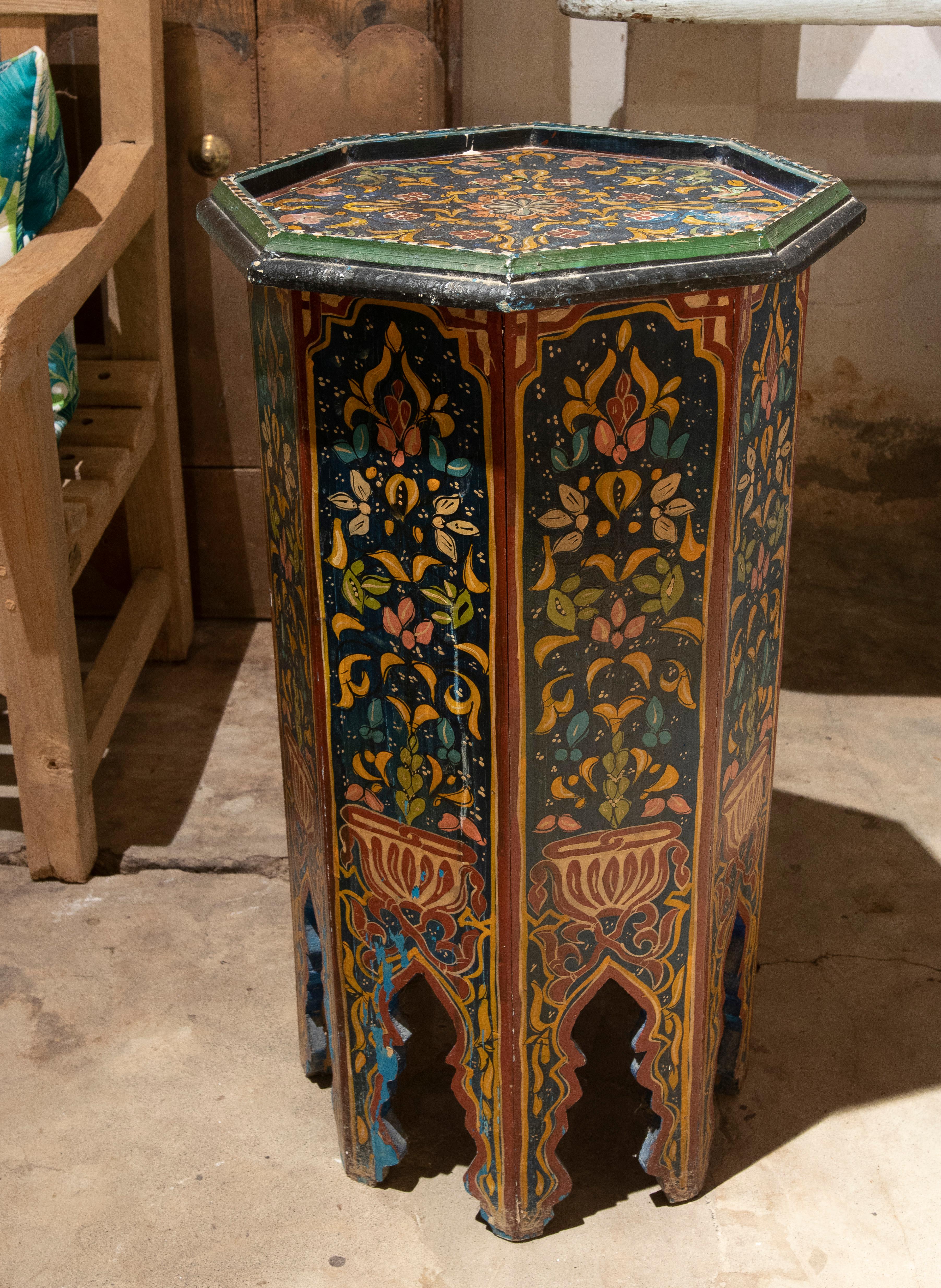 1970s Moroccan Octagonal Side Table in Hand-Painted Wood  1