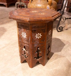 1970S Moroccan Octagonal Table Carved in Wood with Inlays