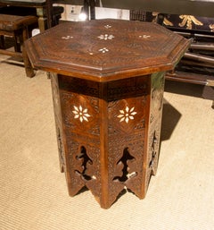 1970s Moroccan Octagonal Table Carved with Bone Inlays