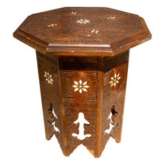 1970s Moroccan Octagonal Table Carved with Bone Inlays