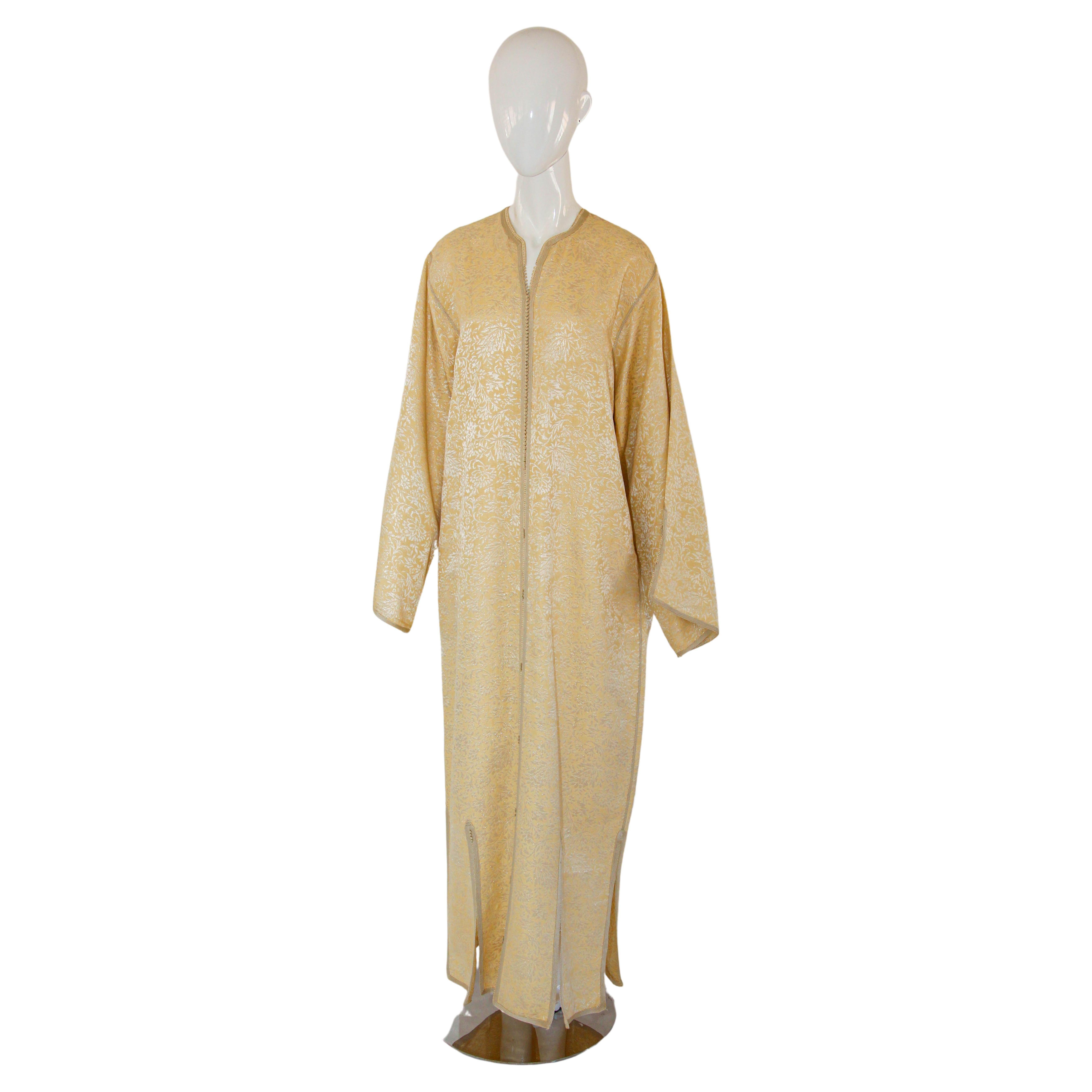 1970s Moroccan Vintage Caftan Gold Silk Cotton Damask For Sale