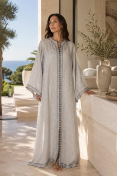 Vintage Moroccan Silver Florentine Brocade Caftan, Handcrafted Maxi Kaftan, 1970