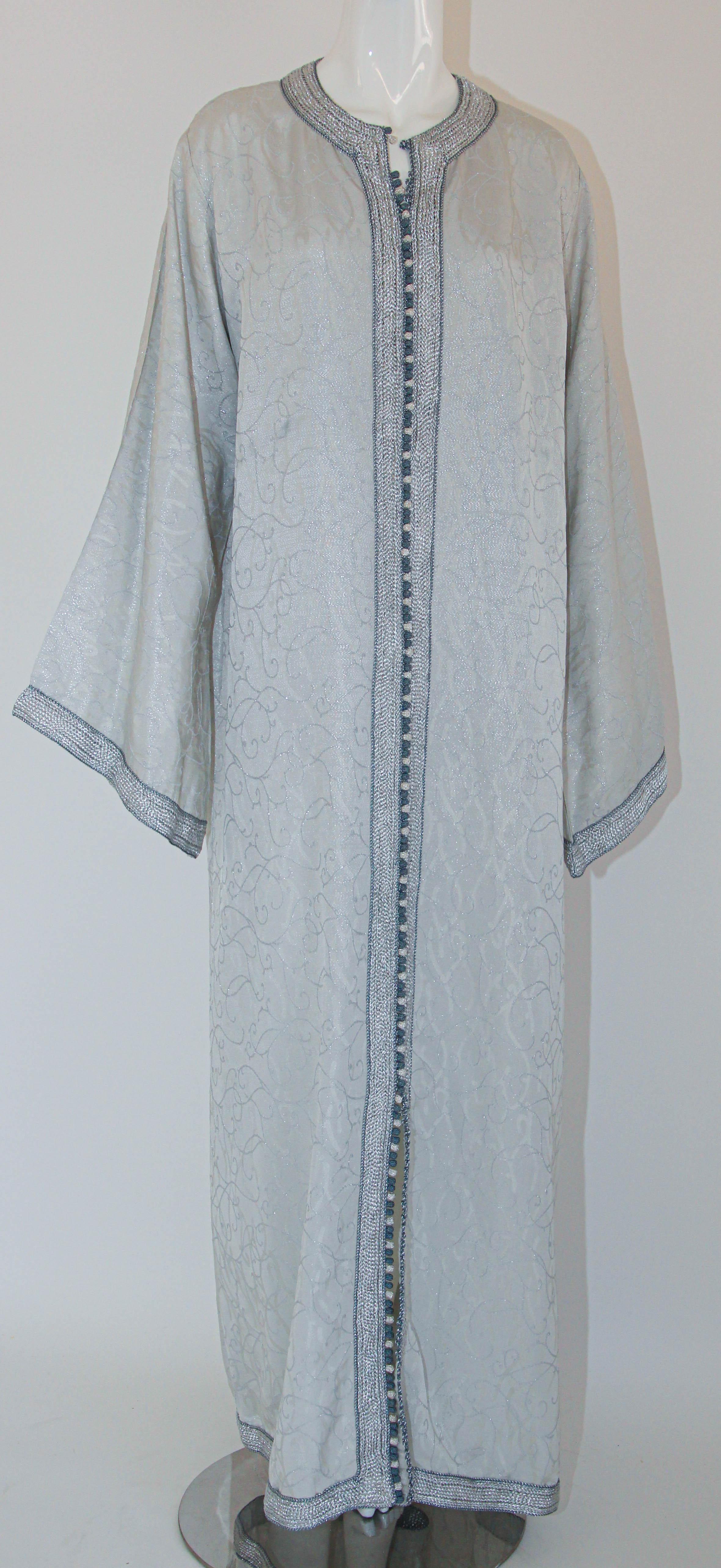 1970s Moroccan Vintage Caftan Maxi Dress Kaftan Silver In Good Condition For Sale In North Hollywood, CA