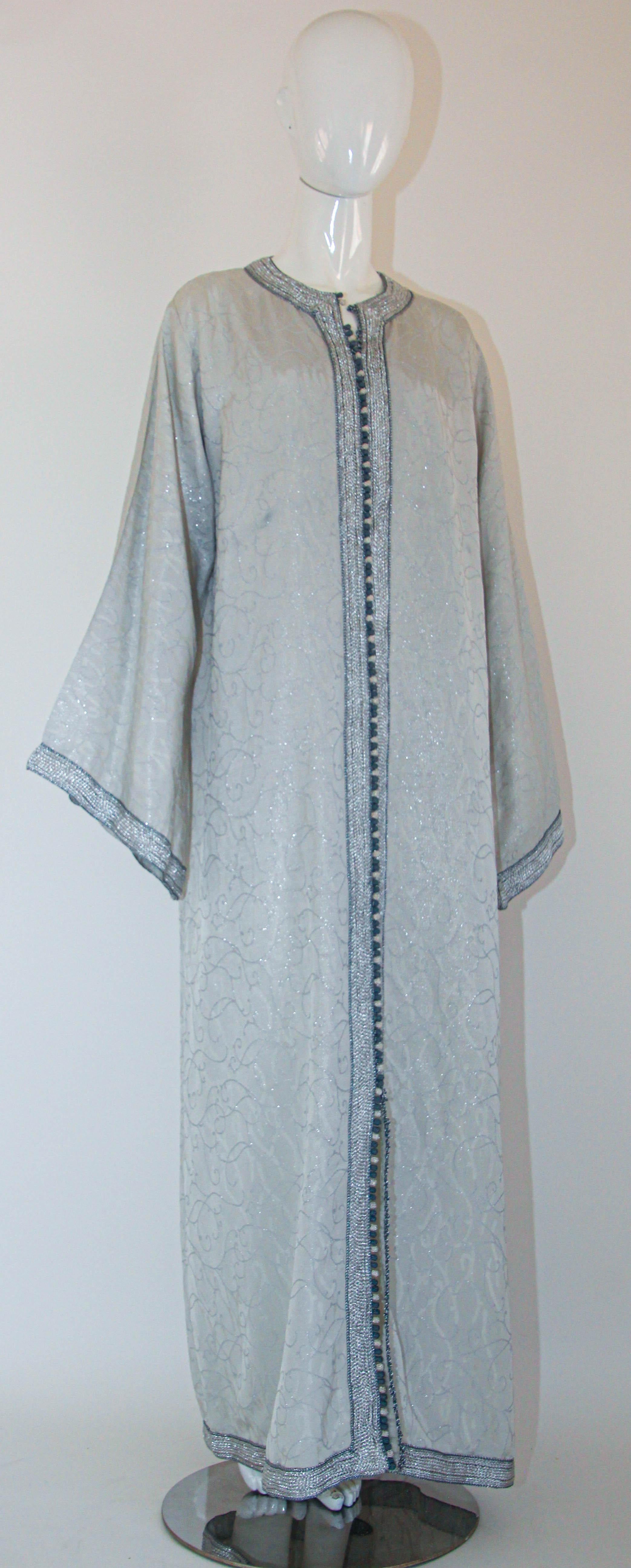 Women's or Men's 1970s Moroccan Vintage Caftan Maxi Dress Kaftan Silver For Sale