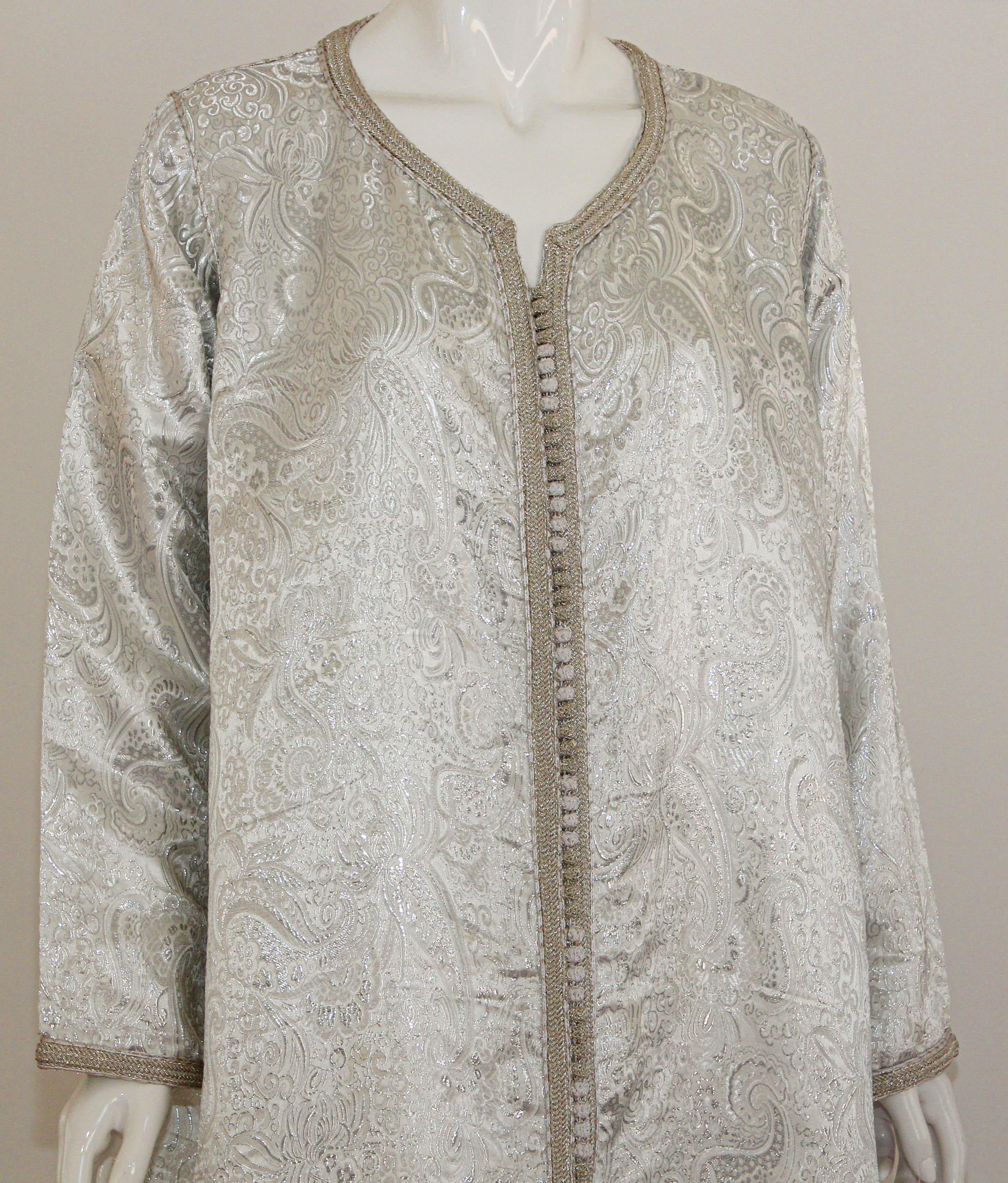 1970s Moroccan Vintage Caftan, Silver Damask Kaftan Bohemian Maxi Dress For Sale 7