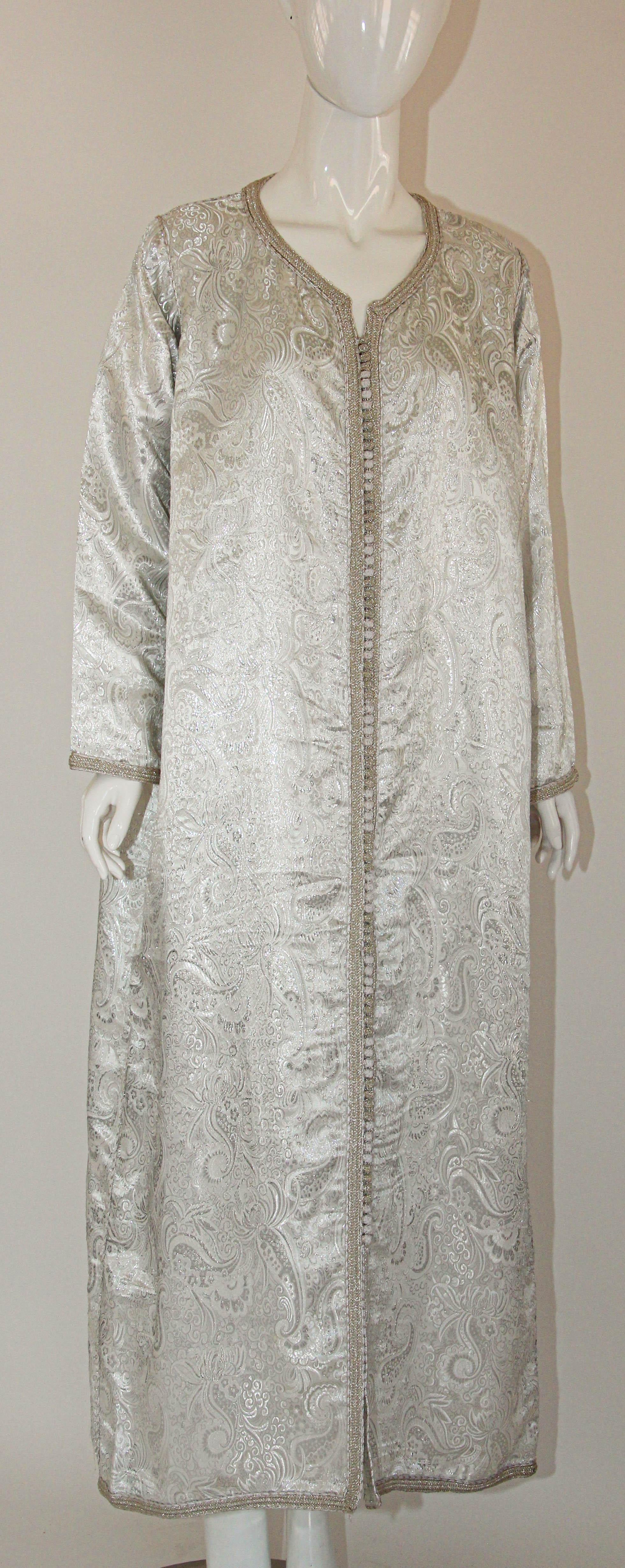 1970s Moroccan Vintage Caftan, Silver Damask Kaftan Bohemian Maxi Dress For Sale 8