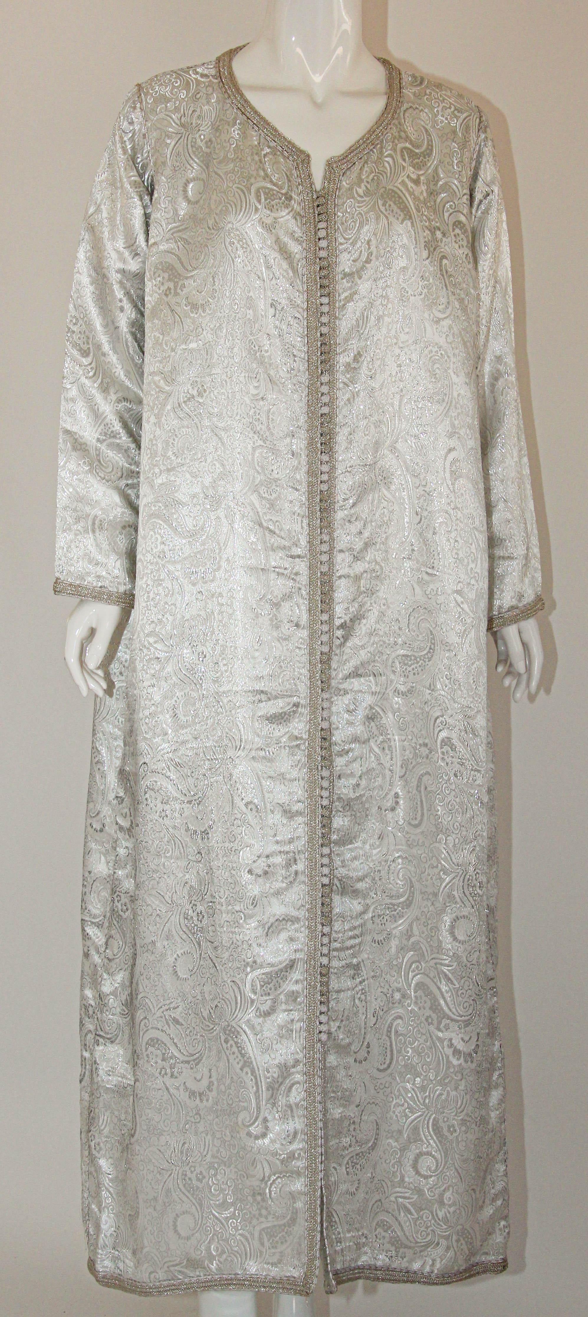 1970s Moroccan Vintage Caftan, Silver Damask Kaftan Bohemian Maxi Dress For Sale 9