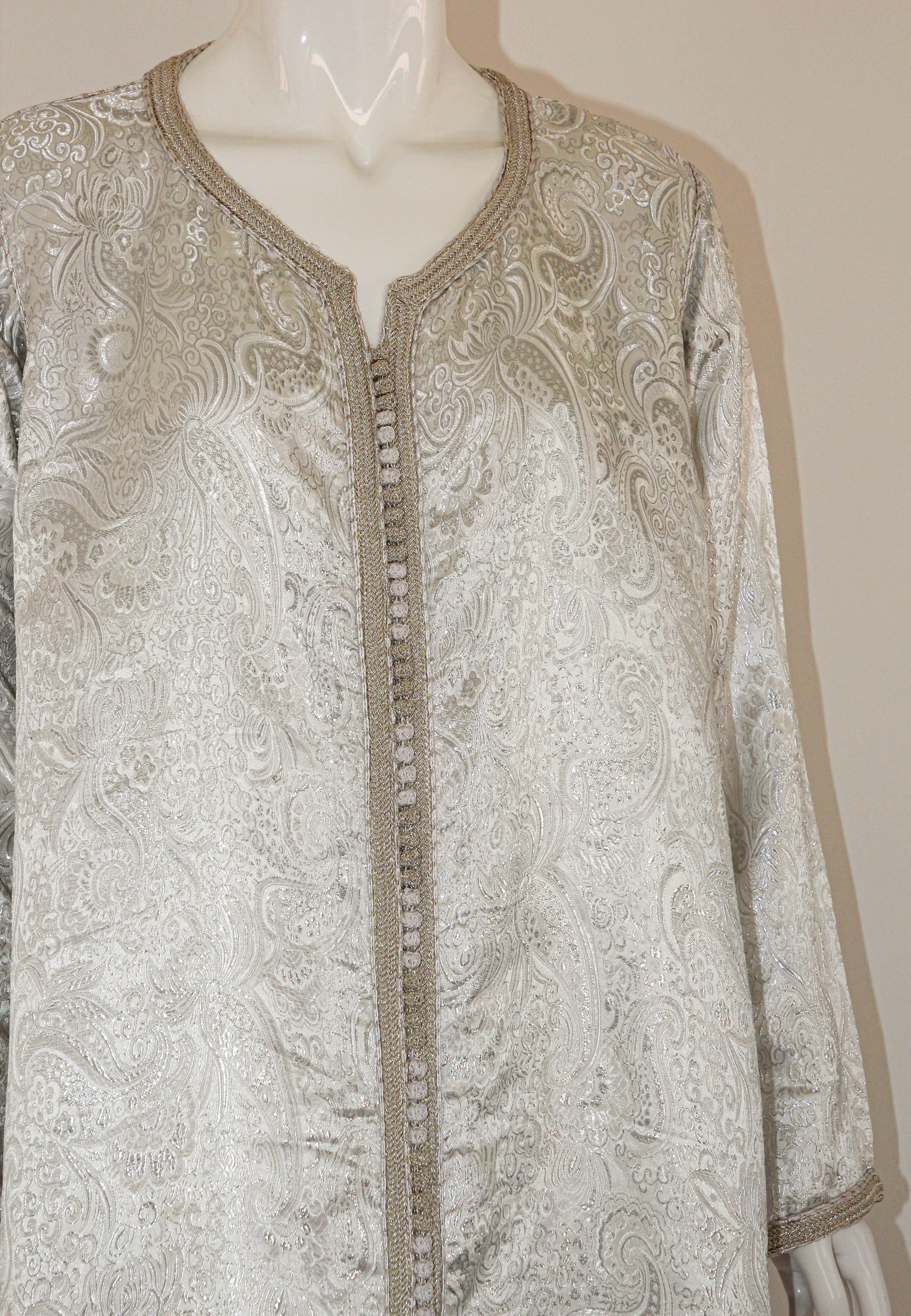 1970s Moroccan Vintage Caftan, Silver Damask Kaftan Bohemian Maxi Dress For Sale 10