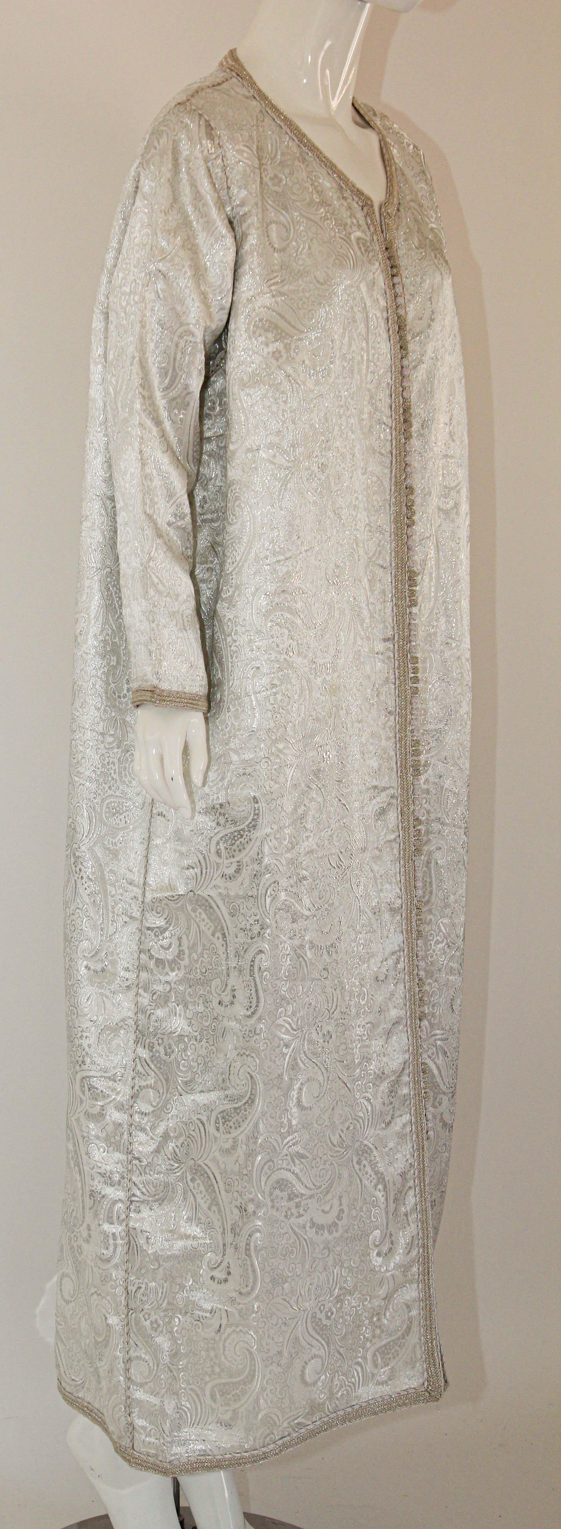 1970s Moroccan Vintage Caftan, Silver Damask Kaftan Bohemian Maxi Dress For Sale 11