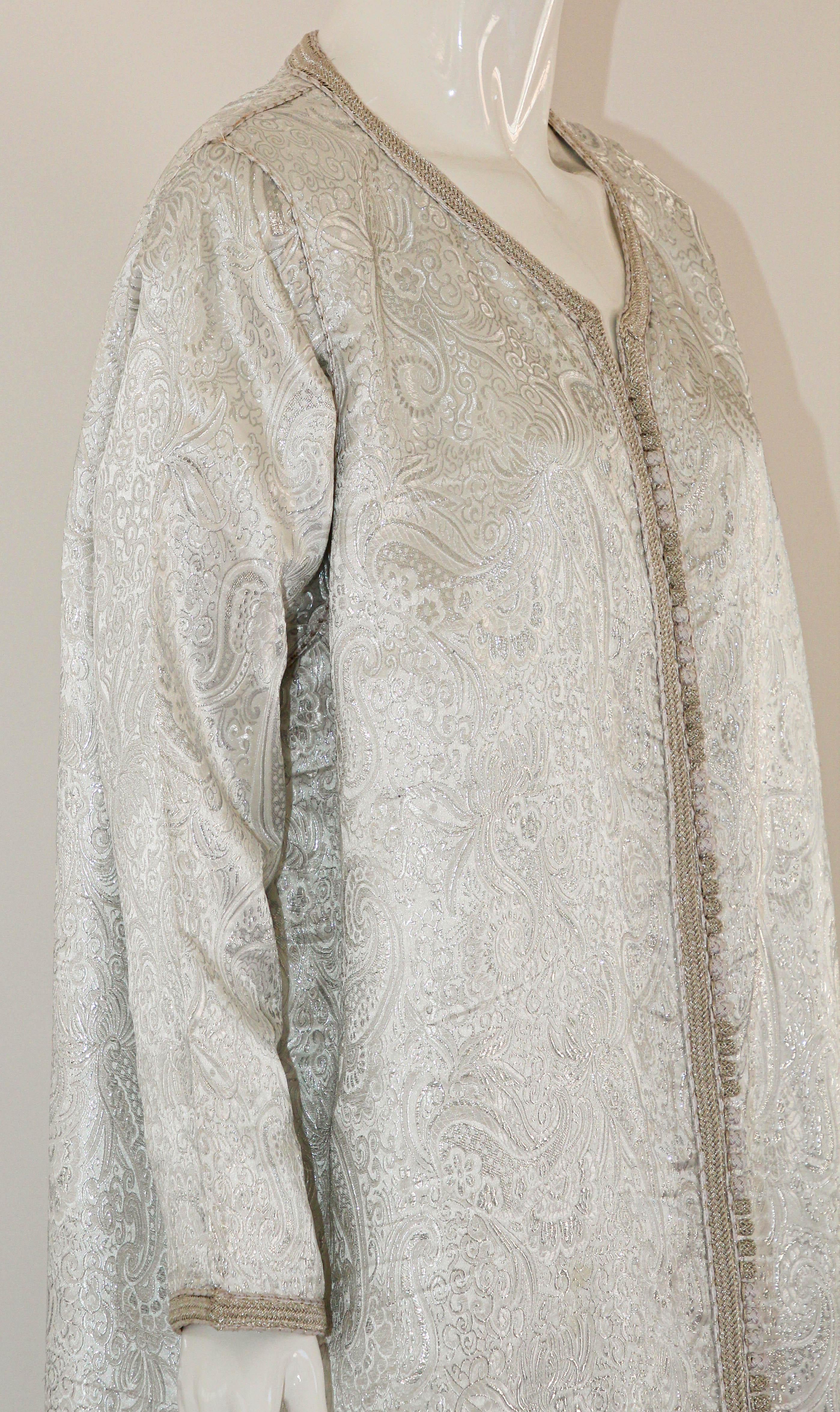 1970s Moroccan Vintage Caftan, Silver Damask Kaftan Bohemian Maxi Dress For Sale 12