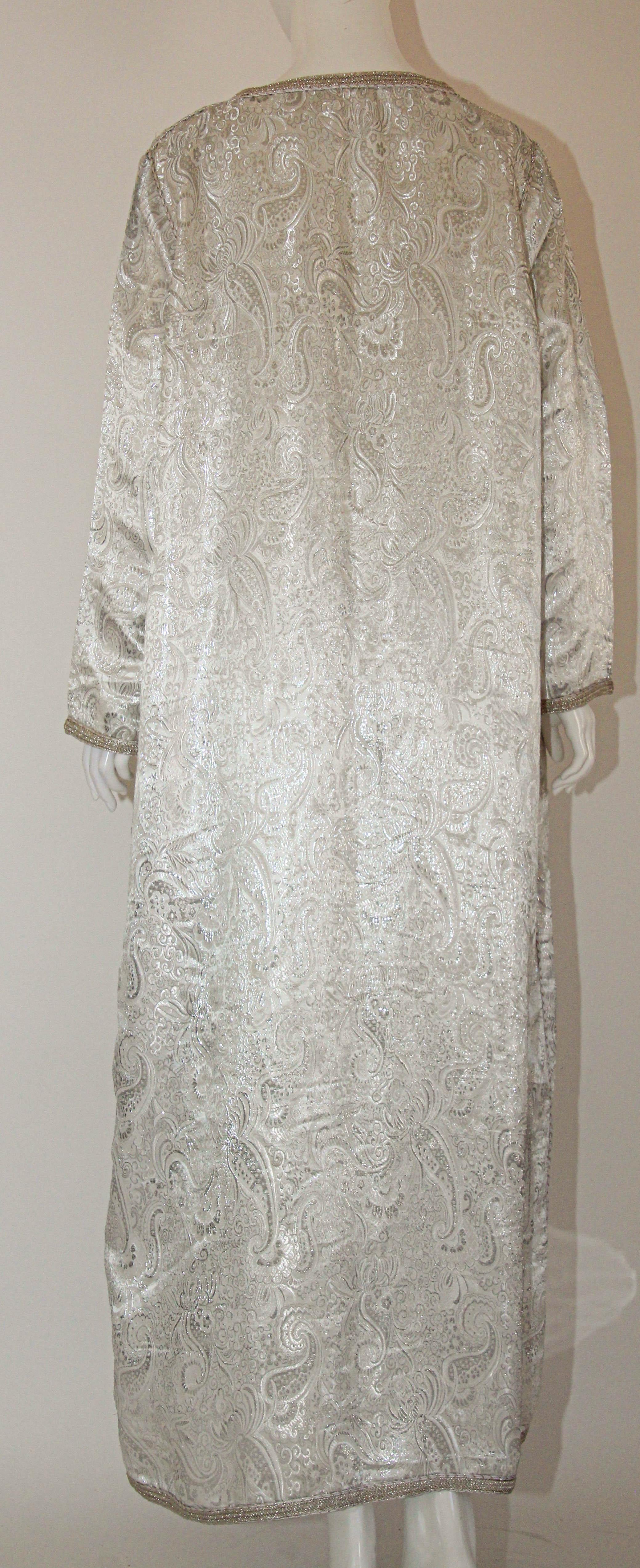 1970s Moroccan Vintage Caftan, Silver Damask Kaftan Bohemian Maxi Dress For Sale 15