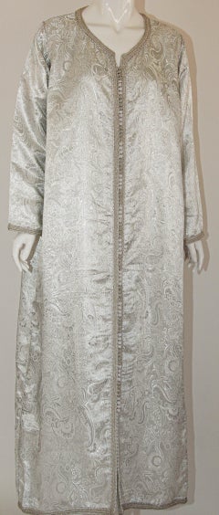 1970s Moroccan Vintage Caftan, Silver Damask Kaftan Bohemian Maxi Dress