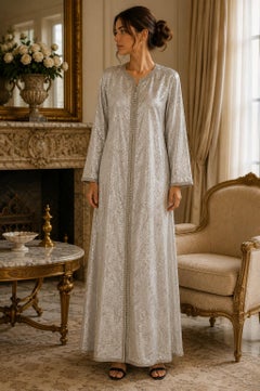 1970s Moroccan Silver Damask Caftan with Hand-Knotted Akaad Closures