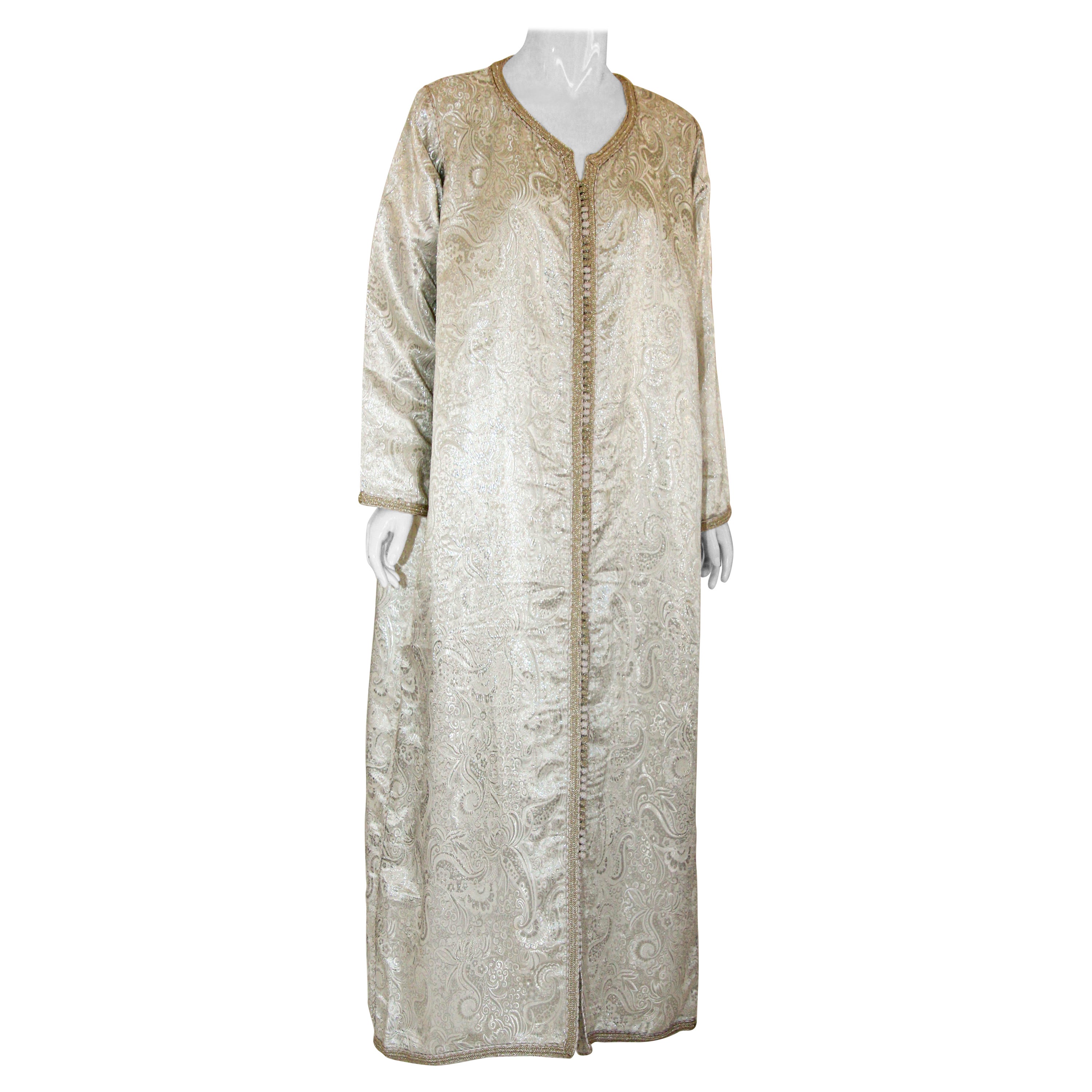 Marokkanisches Vintage Kaftan-Maxikleid aus silbernem Damast, 1970er Jahre