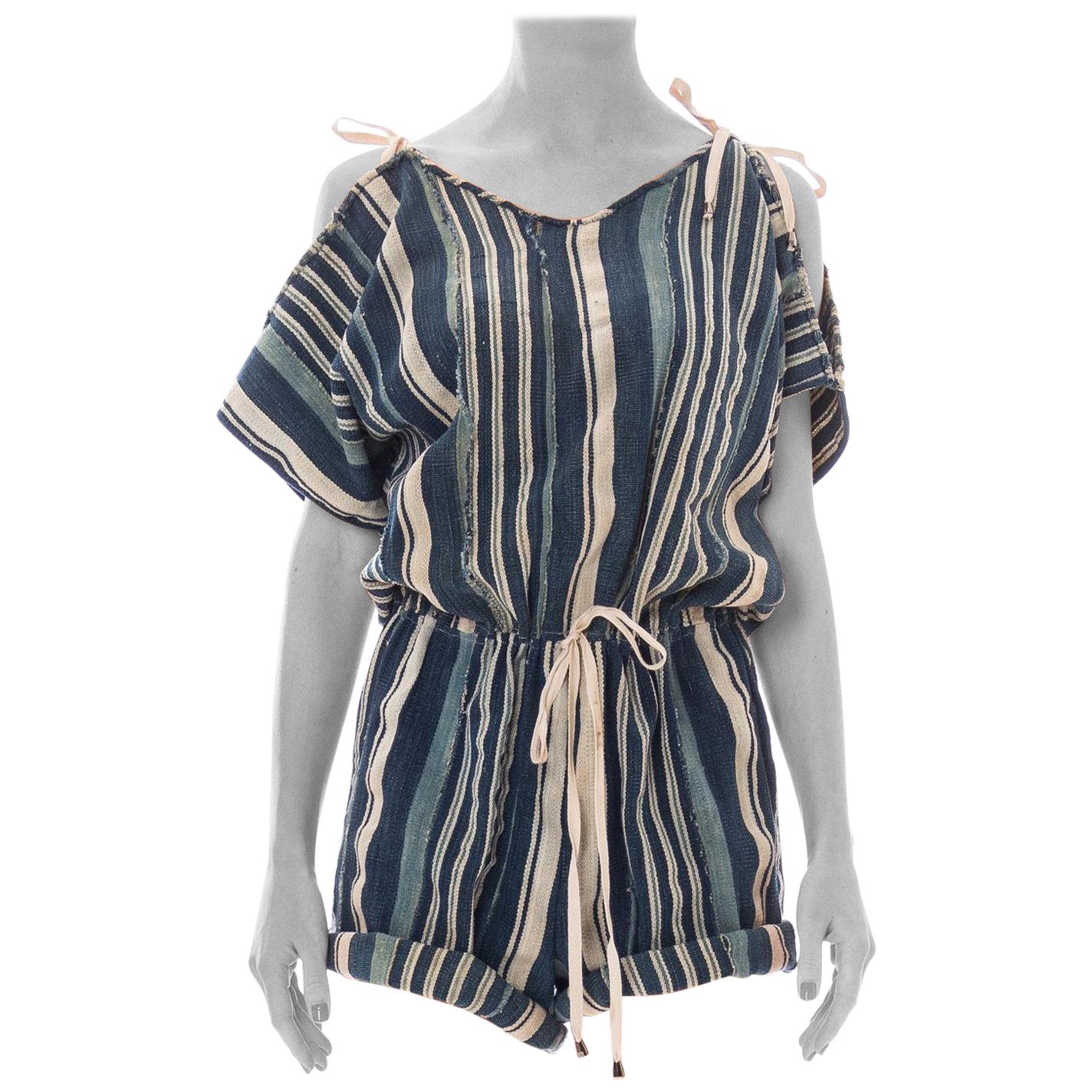 MORPHEW COLLECTION Blue & White African Cotton Striped Indigo Drawstring Romper For Sale