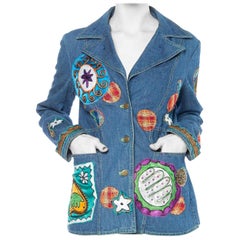 MORPHEW COLLECTION Cotton Denim Blazer  With Multicolor Embroidery & Patches