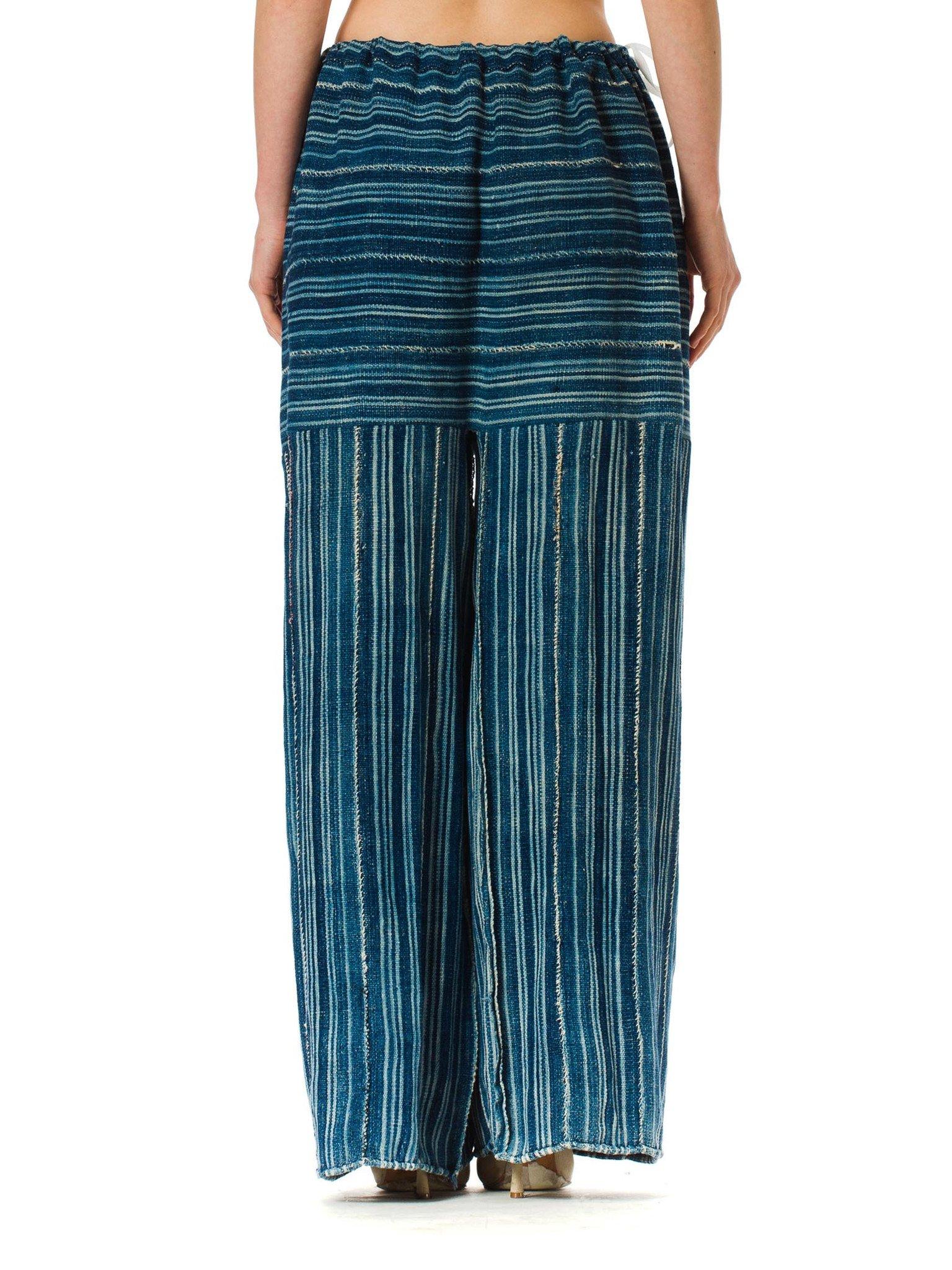 MORPHEW COLLECTION Indigo Blue Cotton Summer Palazzo Pants Made Of African Hand In Excellent Condition In New York, NY
