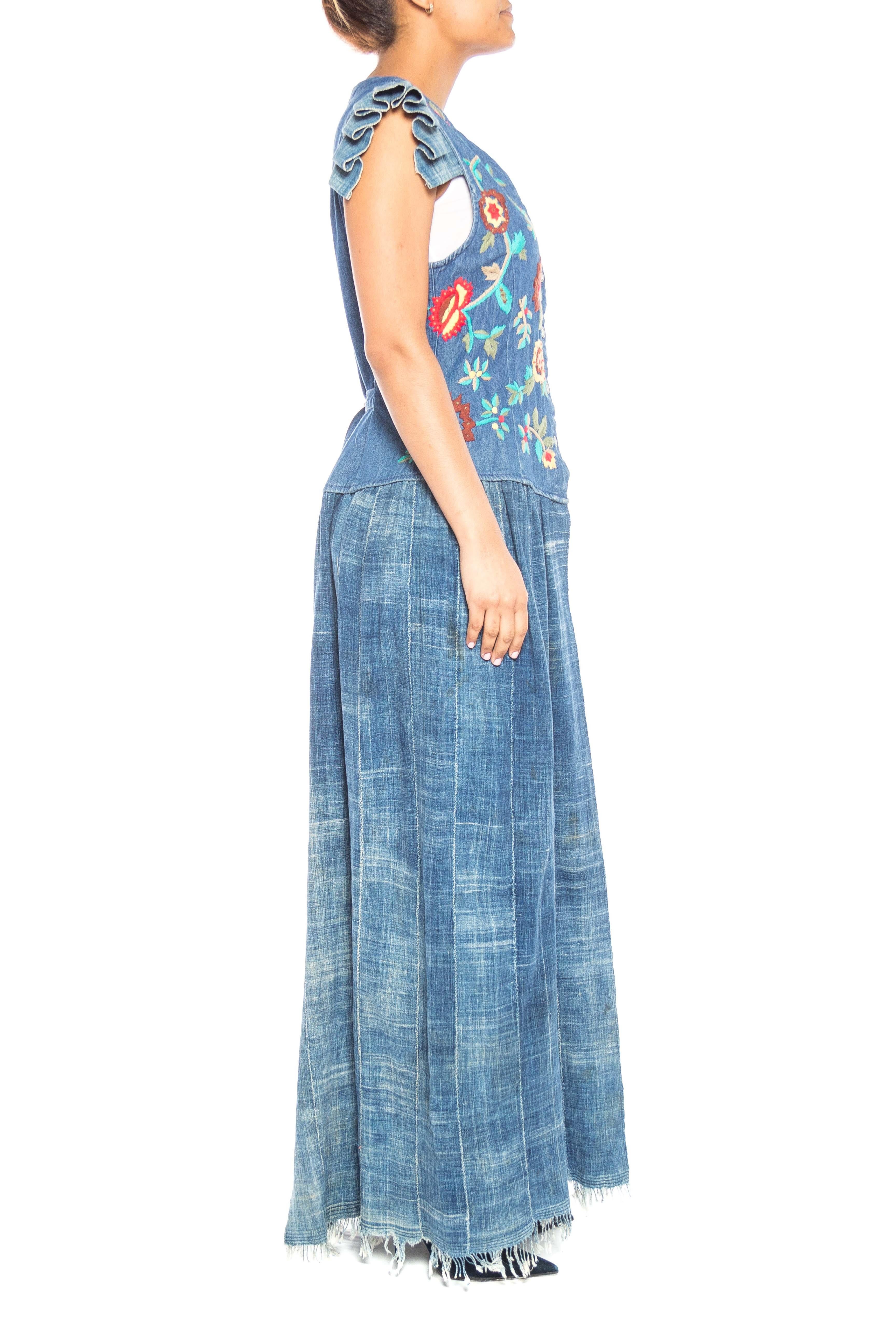 Blue MORPHEW COLLECTION Floral Embroidered Cotton Denim & African Indigo Maxi Duster For Sale