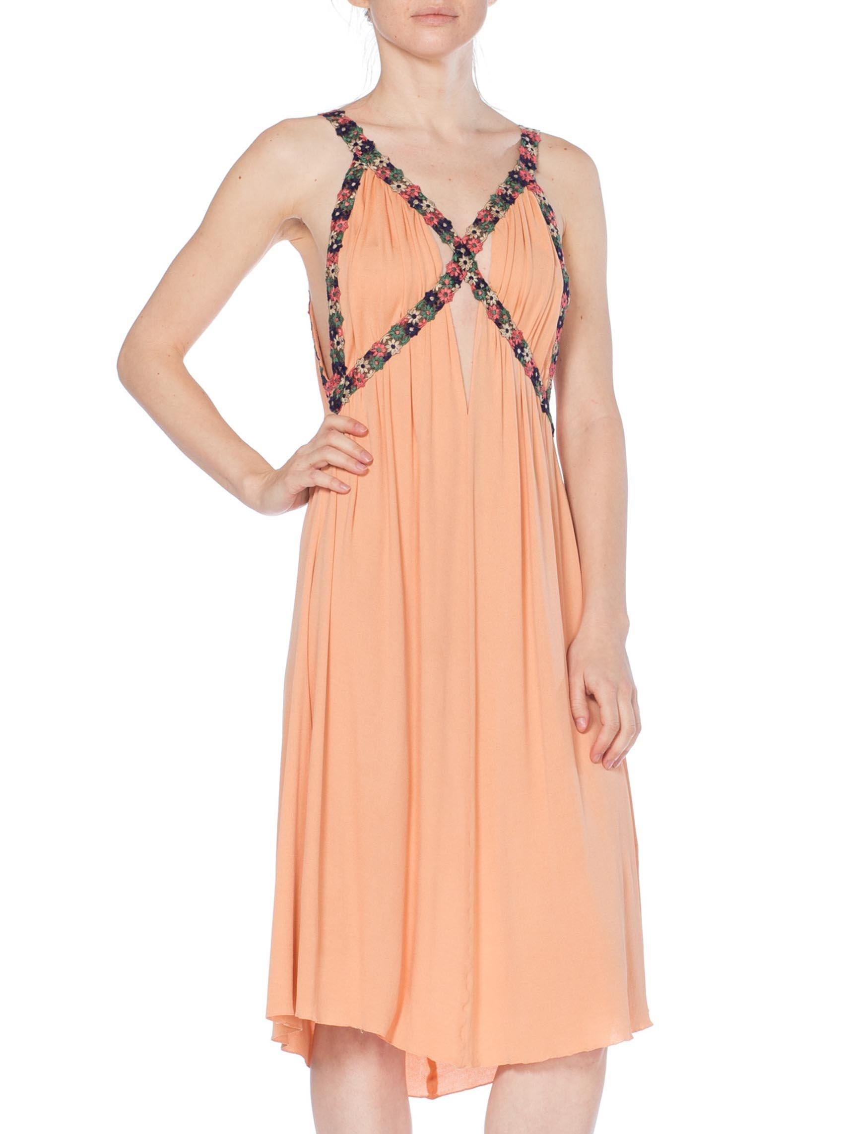 Women's MORPHEW COLLECTION Peach Silk Jersey Dress With Cutout Front & 1930S Floral Trim For Sale