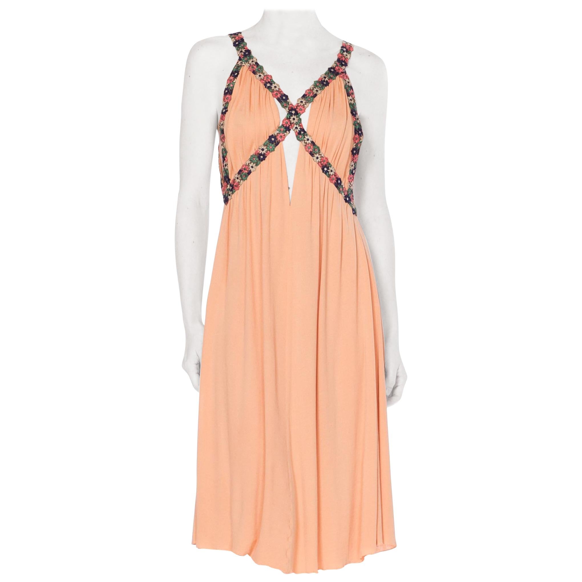 MORPHEW COLLECTION Peach Silk Jersey Dress With Cutout Front & 1930S Floral Trim For Sale