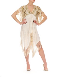 MORPHEW COLLECTION Ivory Silk Gold Floral Embroidered Piano Shawl Fringed Dress