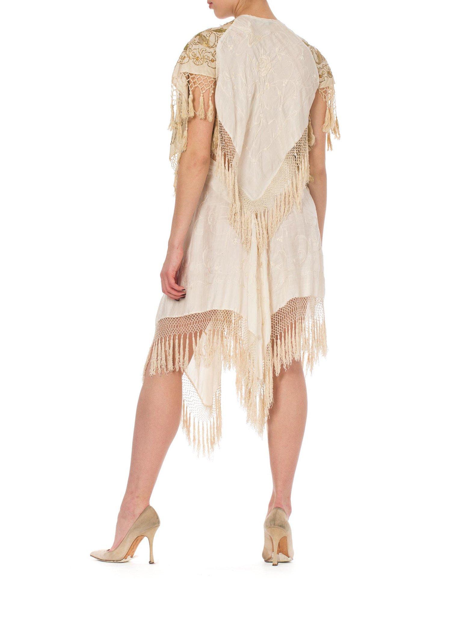 MORPHEW COLLECTION Ivory Silk Gold Floral Embroidered Piano Shawl Fringed Dress In Excellent Condition In New York, NY
