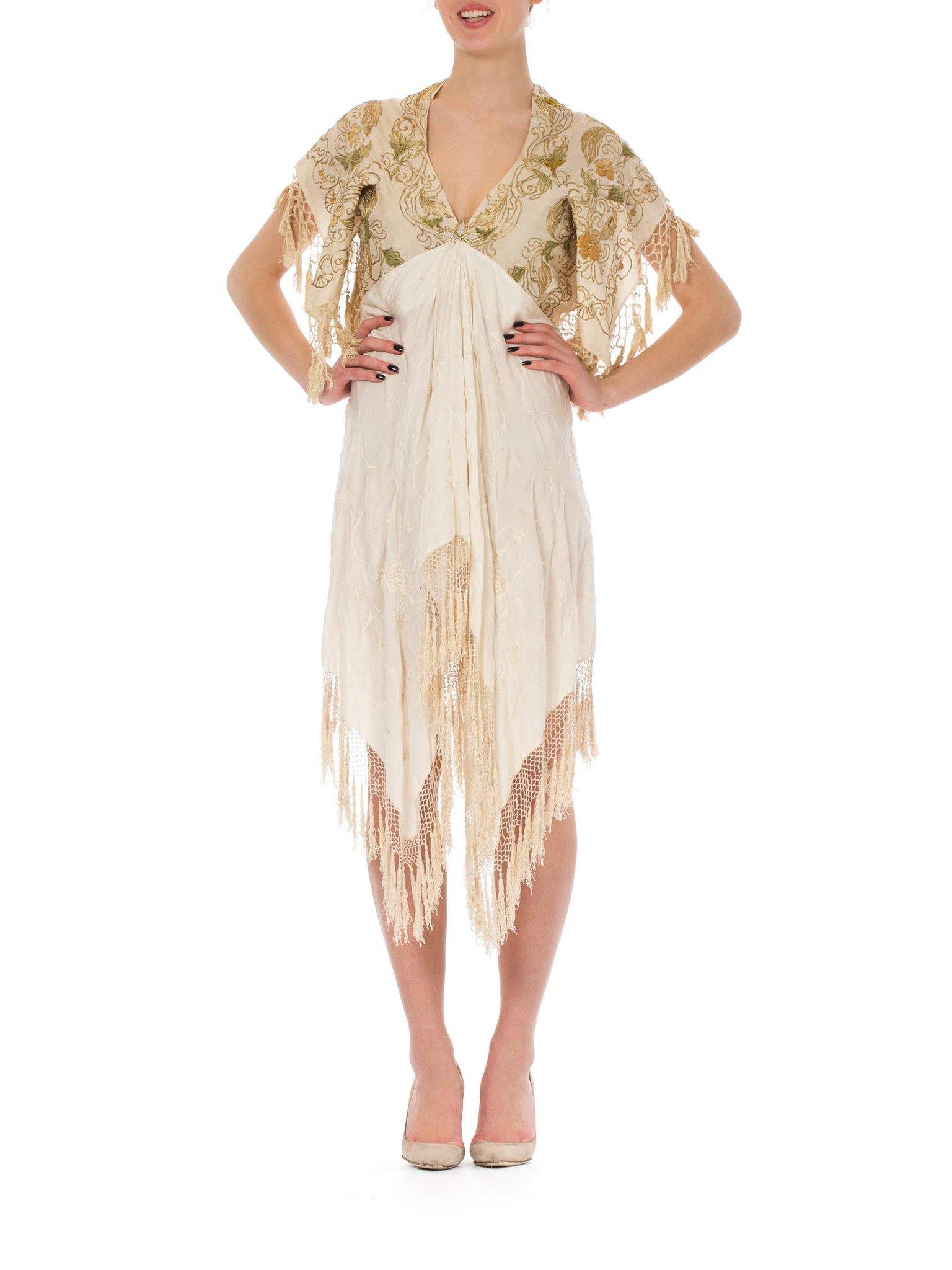 Women's MORPHEW COLLECTION Ivory Silk Gold Floral Embroidered Piano Shawl Fringed Dress