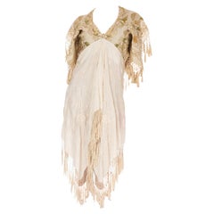 MORPHEW COLLECTION Ivory Silk Gold Floral Embroidered Piano Shawl Fringed Dress