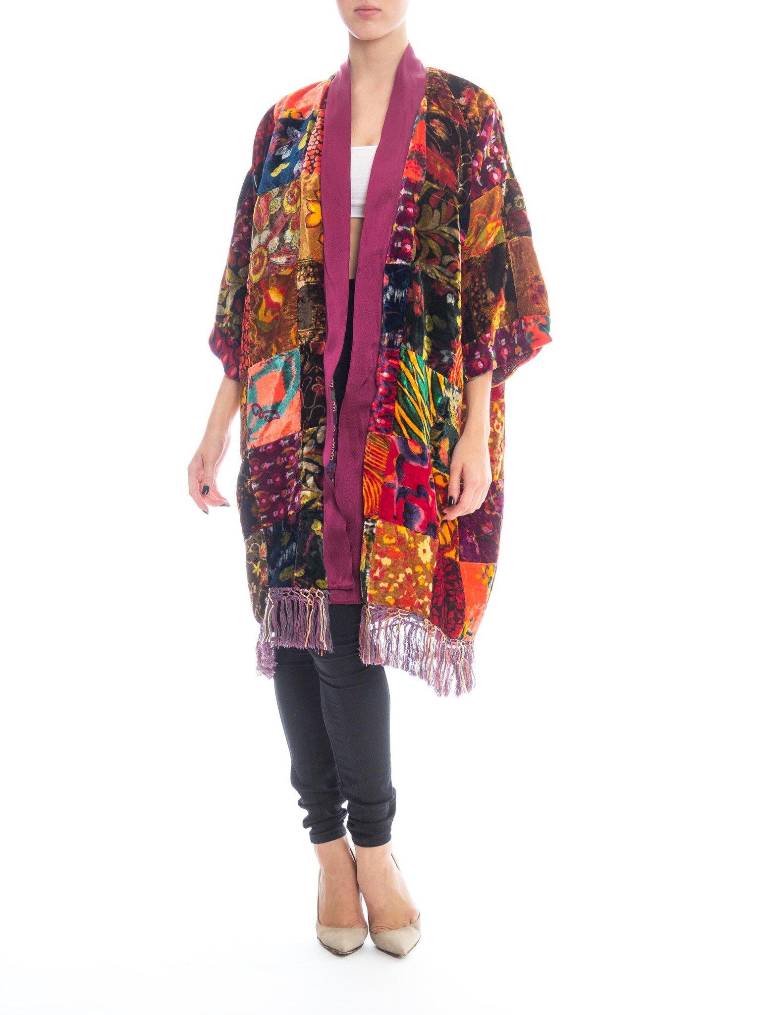MORPHEW COLLECTION Jeweltone Rayon & Silk Velvet Vintage 70S Patchwork Kimono Lined In 40S With 20S Fringe