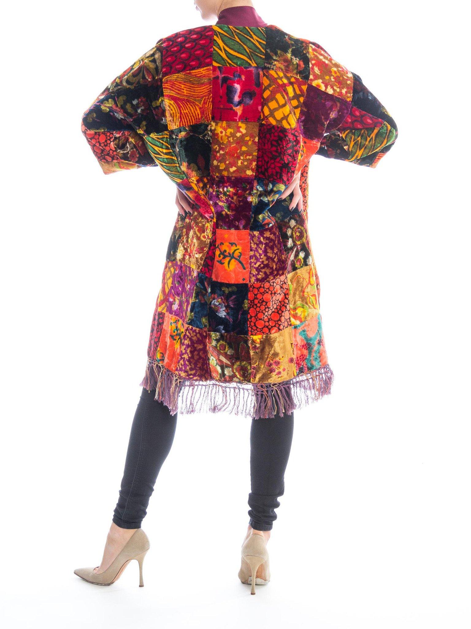MORPHEW COLLECTION Jeweltone Rayon & Silk Velvet Vintage 70S Patchwork Kimono L In Excellent Condition In New York, NY