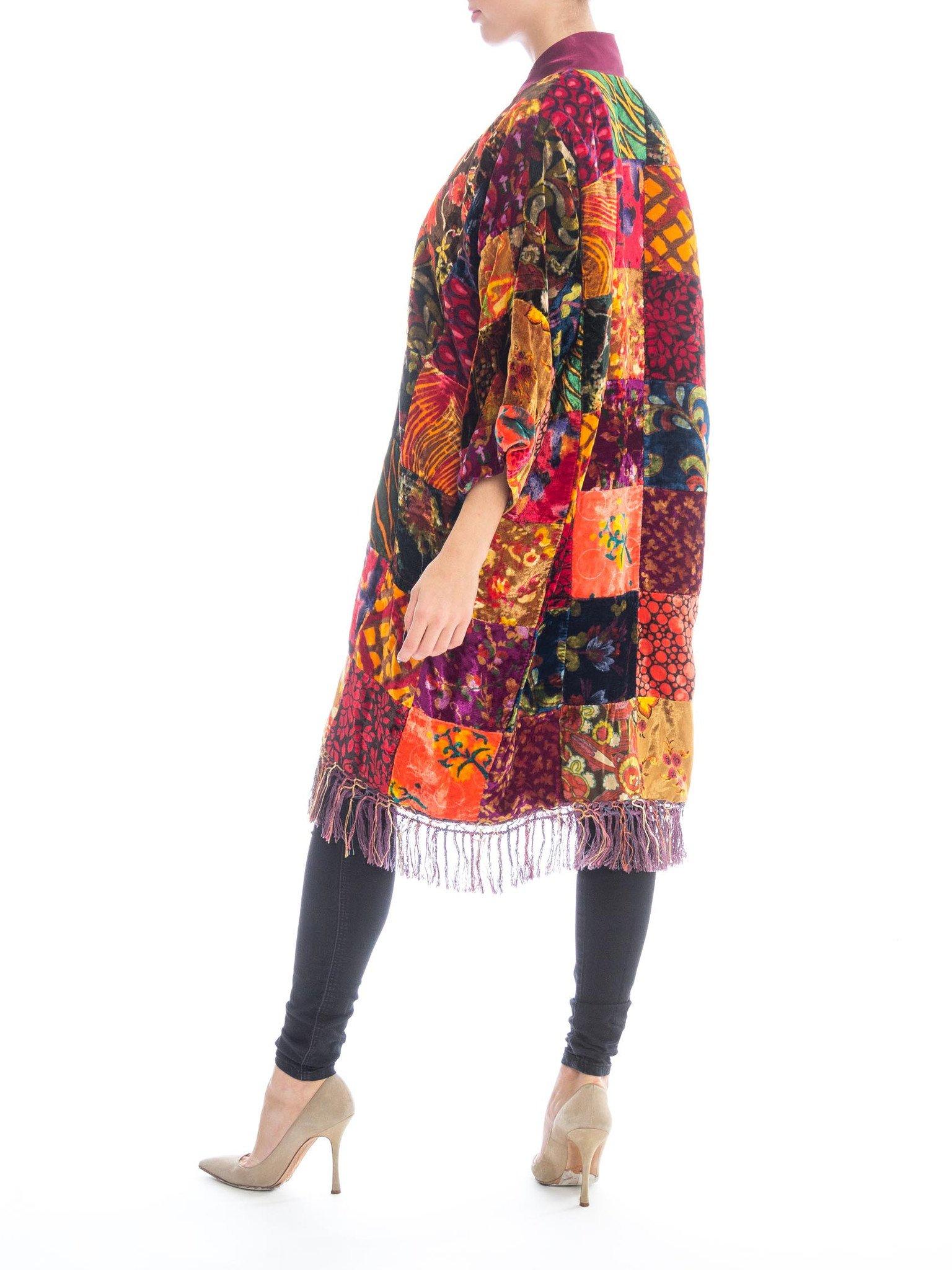 Women's MORPHEW COLLECTION Jeweltone Rayon & Silk Velvet Vintage 70S Patchwork Kimono L