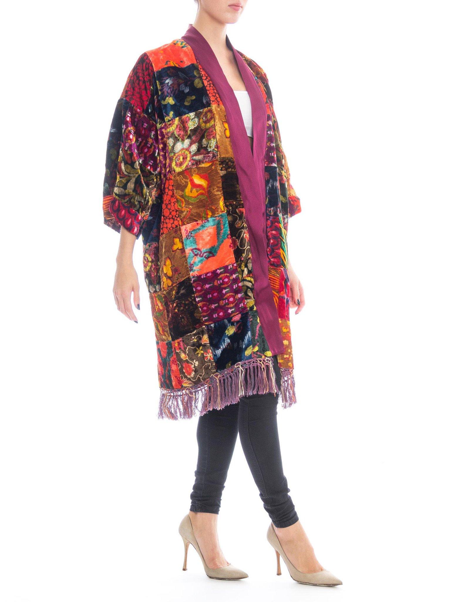 MORPHEW COLLECTION Jeweltone Rayon & Silk Velvet Vintage 70S Patchwork Kimono L 1