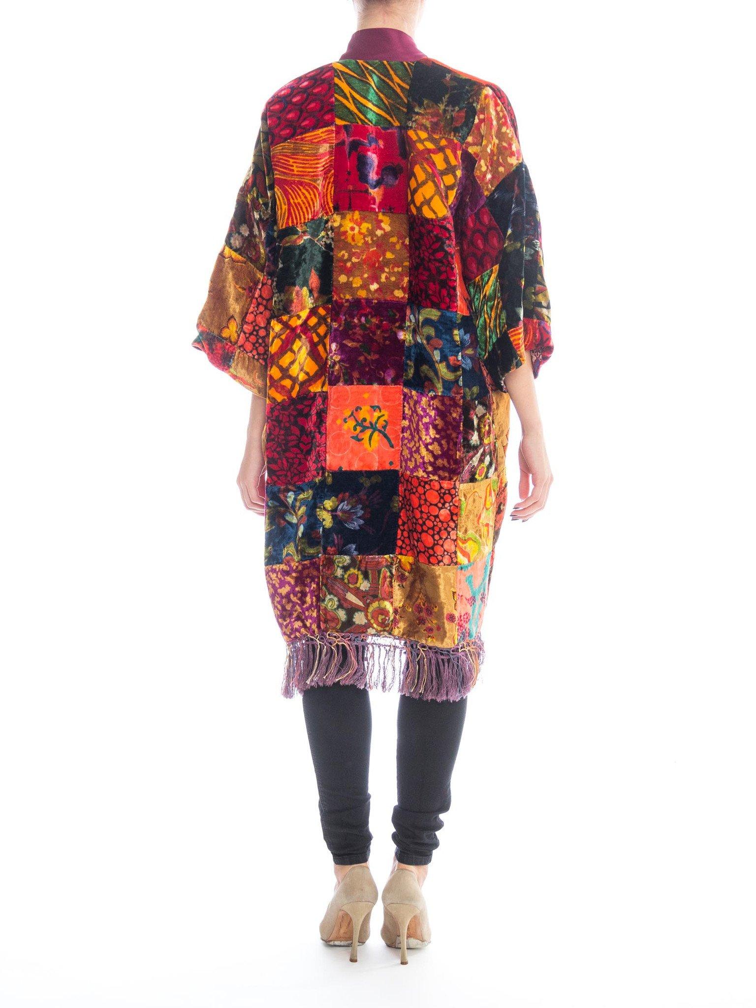 MORPHEW COLLECTION Jeweltone Rayon & Silk Velvet Vintage 70S Patchwork Kimono L 3