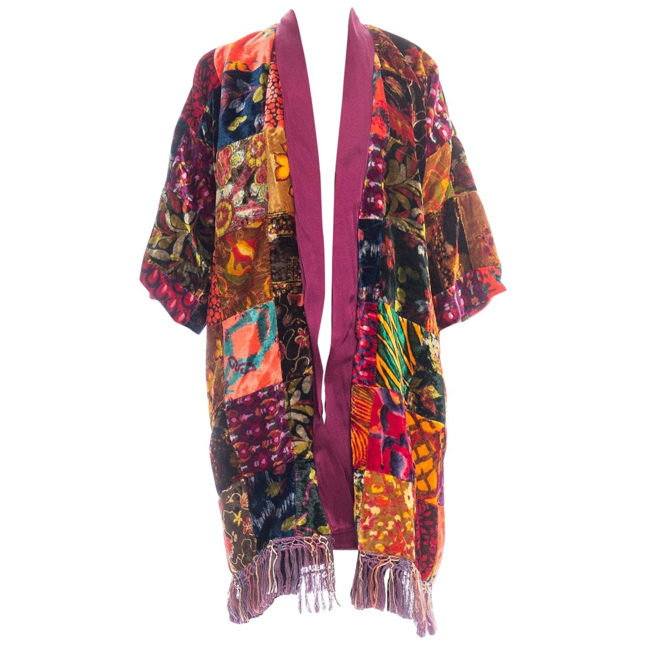 MORPHEW COLLECTION Jeweltone Rayon & Silk Velvet Vintage 70S Patchwork Kimono L