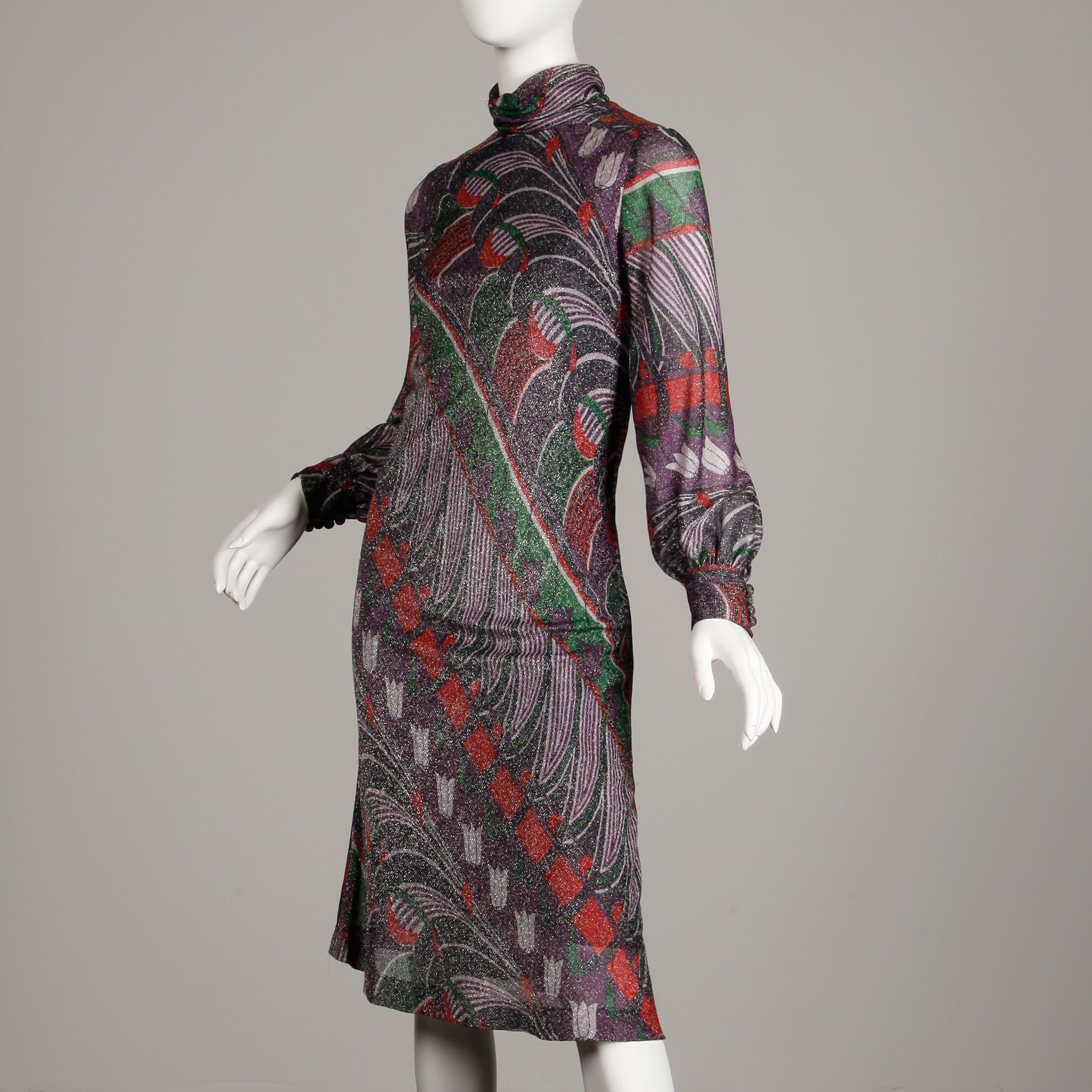 Nero Abito vintage anni '70 Morton Myles Metallic Silver + Purple Lurex Op Art Print in vendita