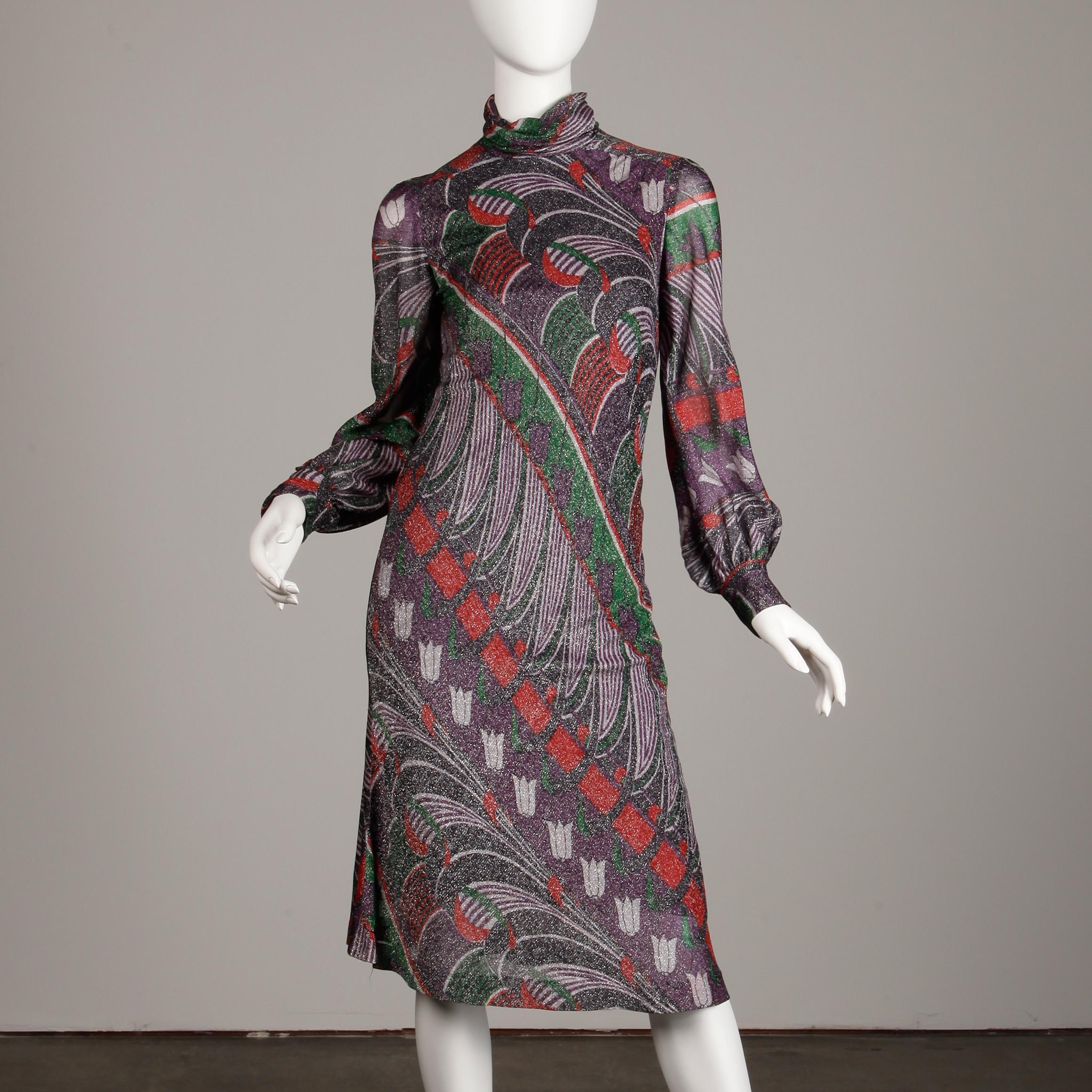 Donna Abito vintage anni '70 Morton Myles Metallic Silver + Purple Lurex Op Art Print in vendita