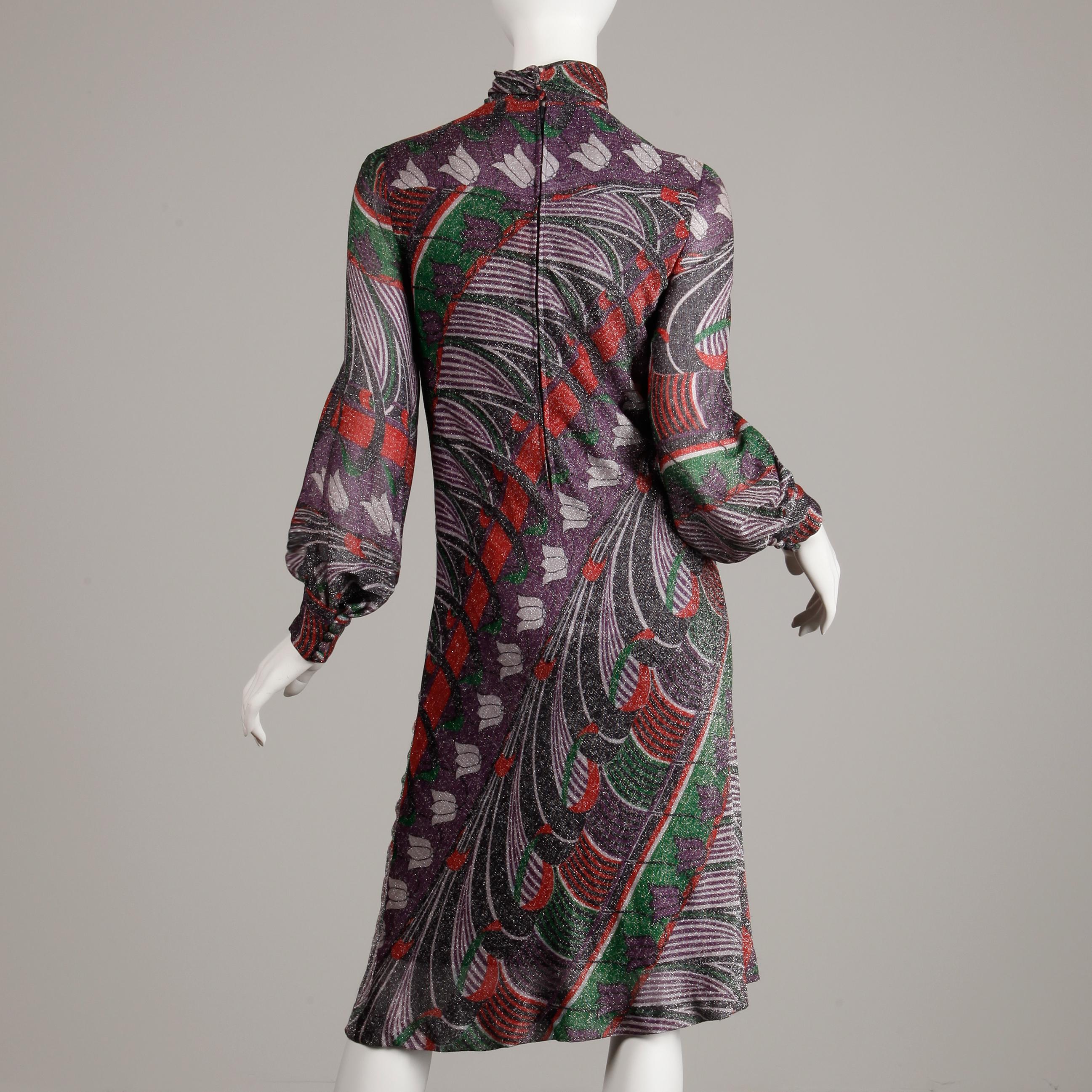 Abito vintage anni '70 Morton Myles Metallic Silver + Purple Lurex Op Art Print in vendita 2