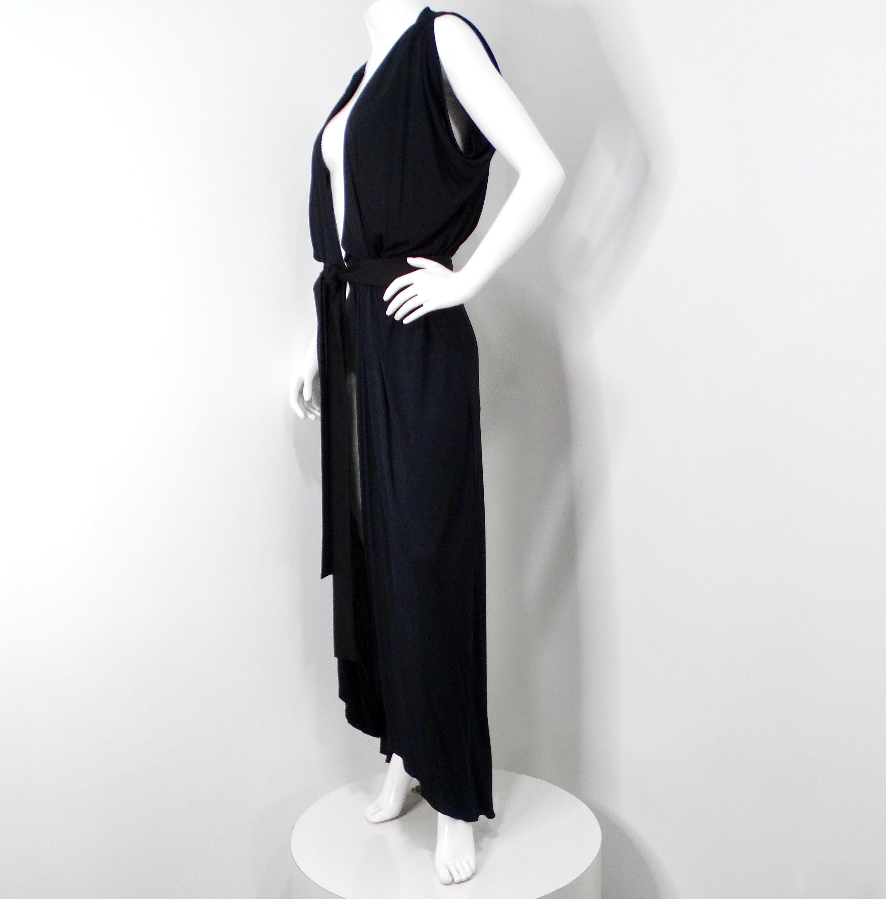 1970s Morty Sussman Black Open Belted Evening Maxi Dress For Sale 1