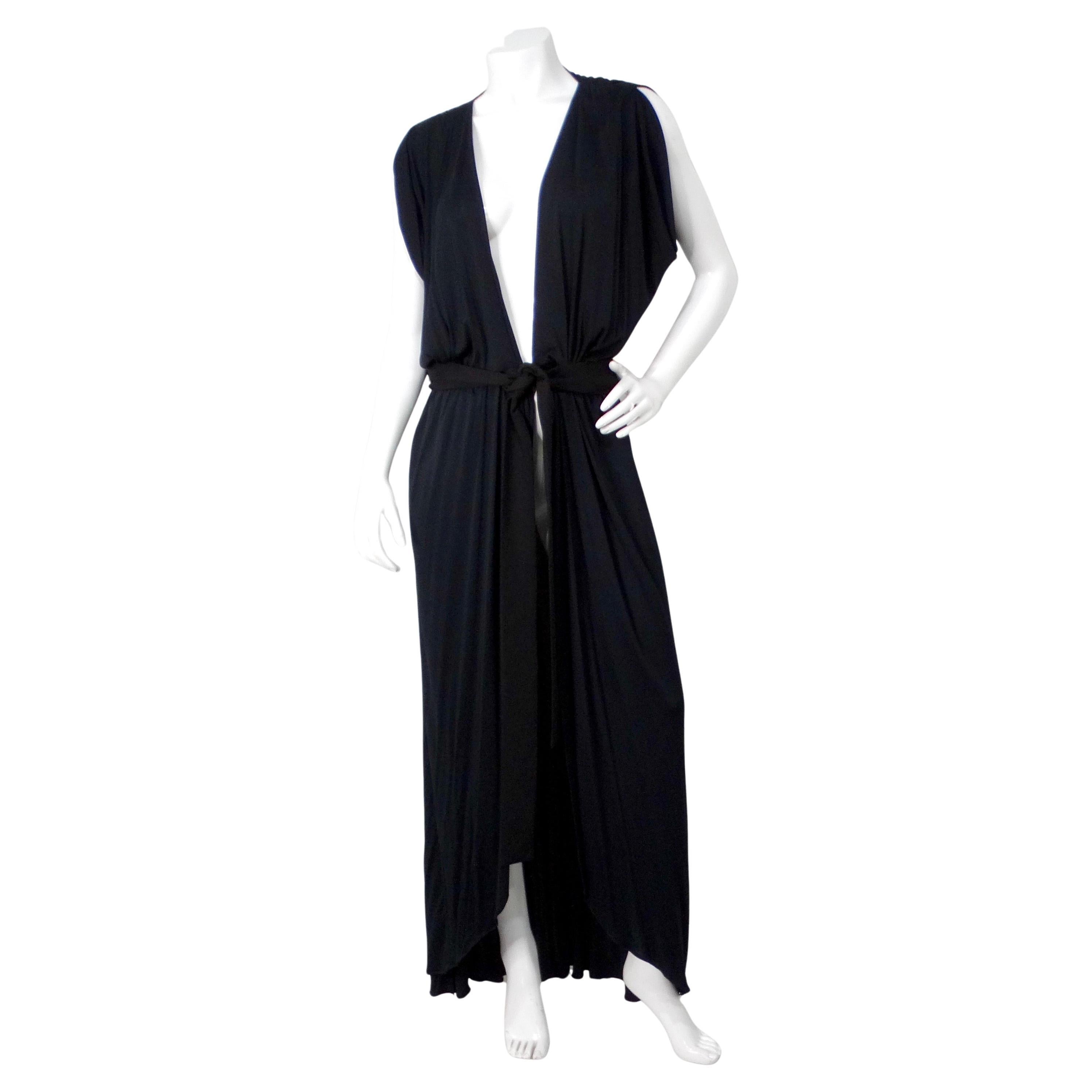 1970s Morty Sussman Black Open Belted Evening Maxi Dress For Sale