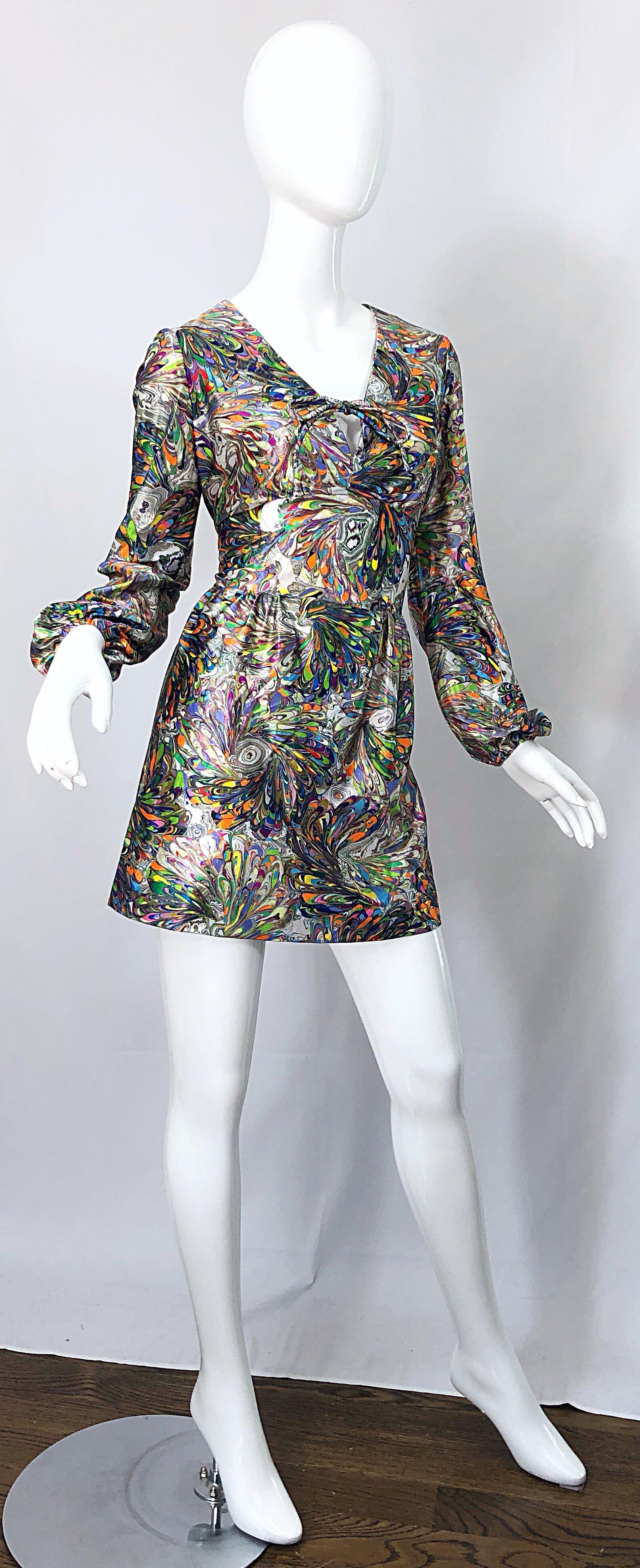 1970s Mosaic Swirl Vibrant Colored Bishop Sleeve Vintage 70s Tunic Dress 4
