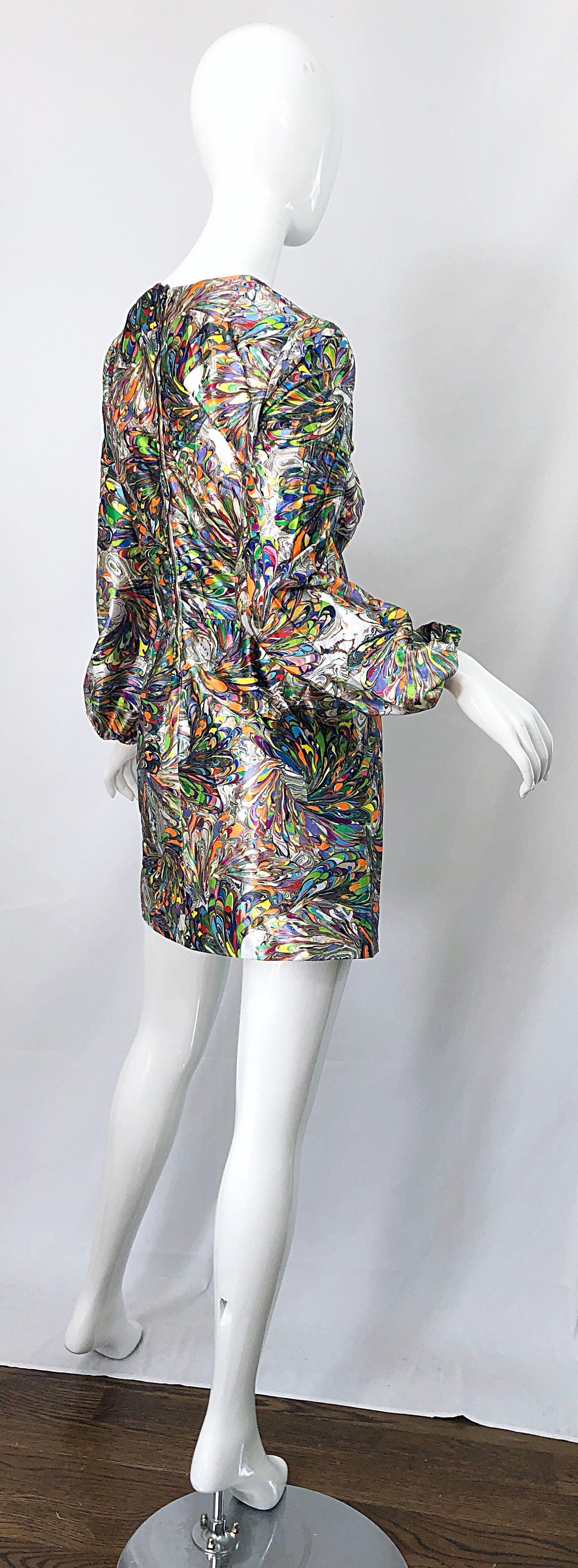 1970s Mosaic Swirl Vibrant Colored Bishop Sleeve Vintage 70s Tunic Dress 5