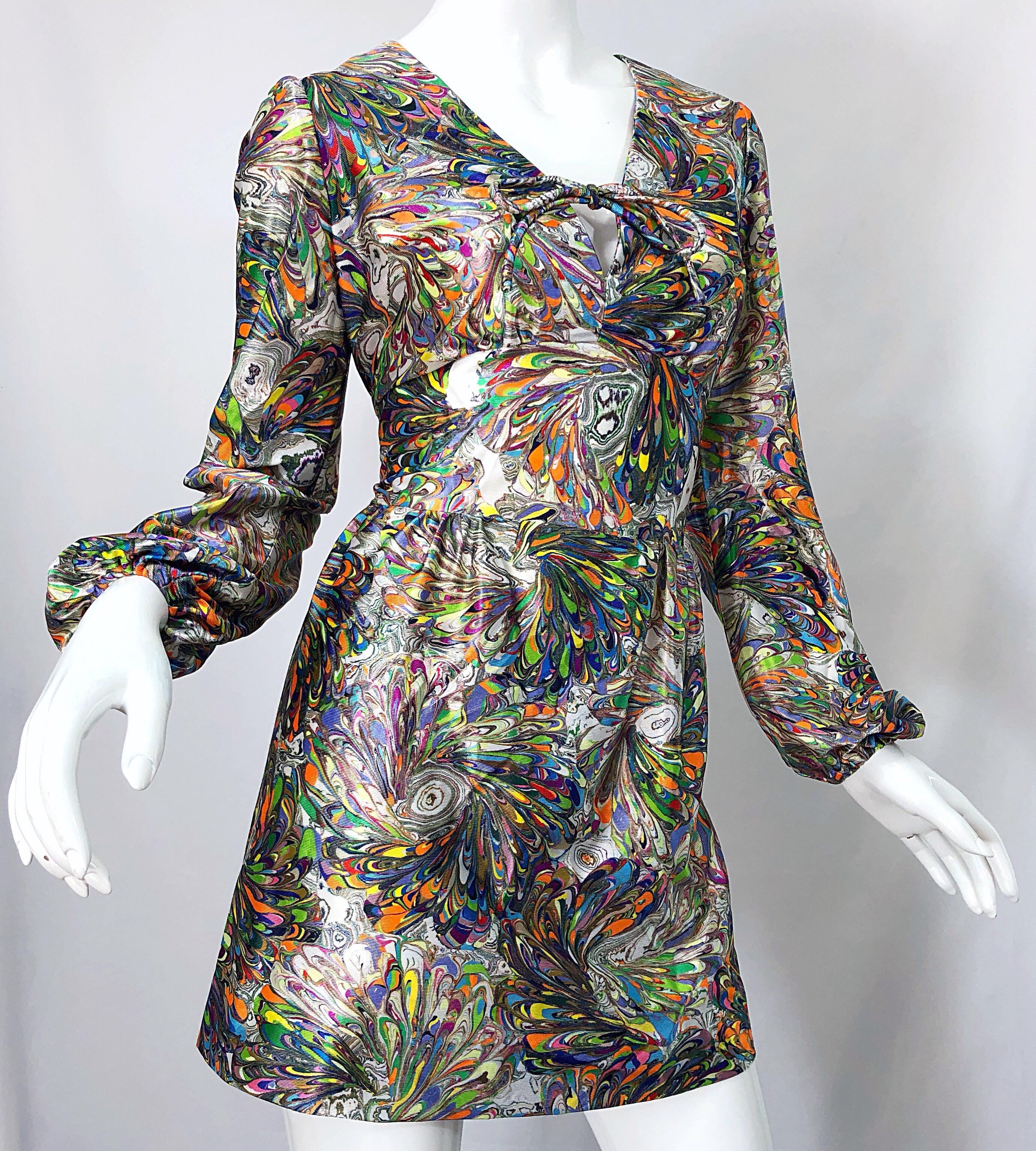 1970s Mosaic Swirl Vibrant Colored Bishop Sleeve Vintage 70s Tunic Dress 6