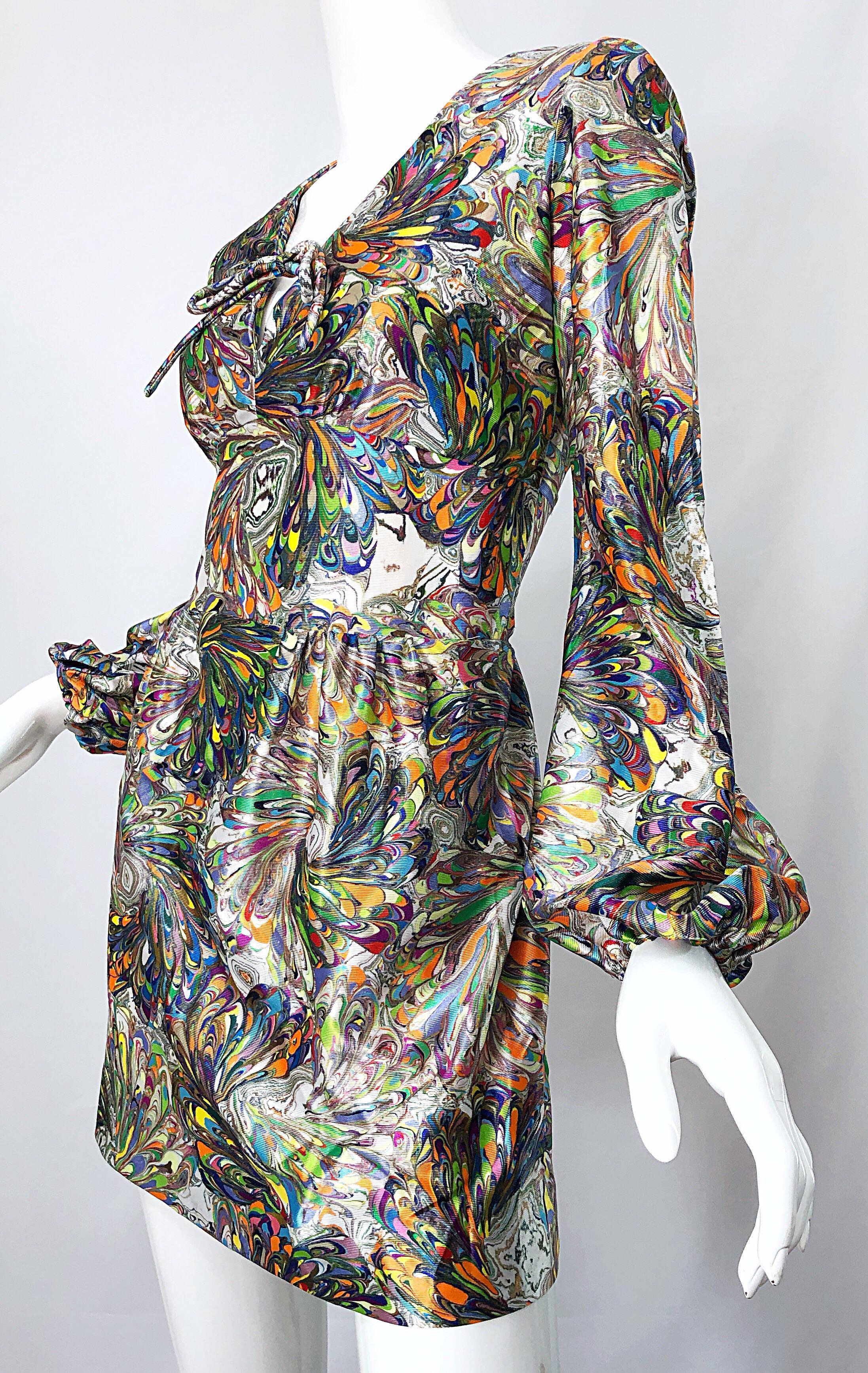 1970s Mosaic Swirl Vibrant Colored Bishop Sleeve Vintage 70s Tunic Dress In Excellent Condition In San Diego, CA
