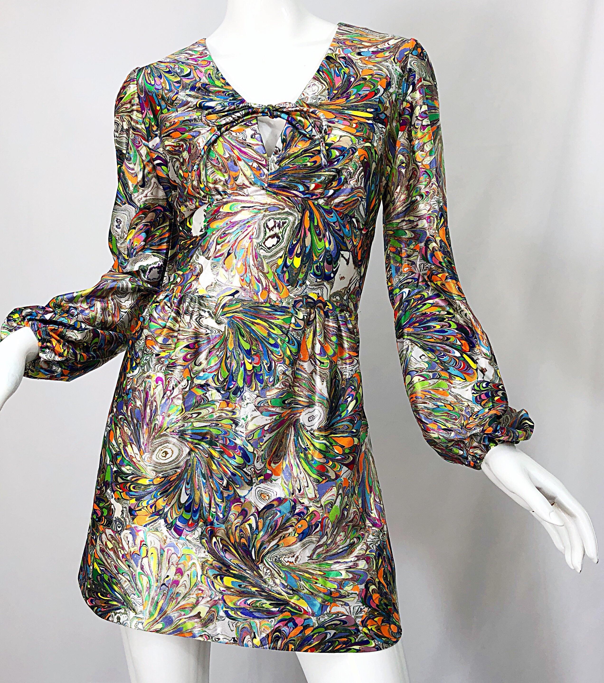 1970s Mosaic Swirl Vibrant Colored Bishop Sleeve Vintage 70s Tunic Dress 1