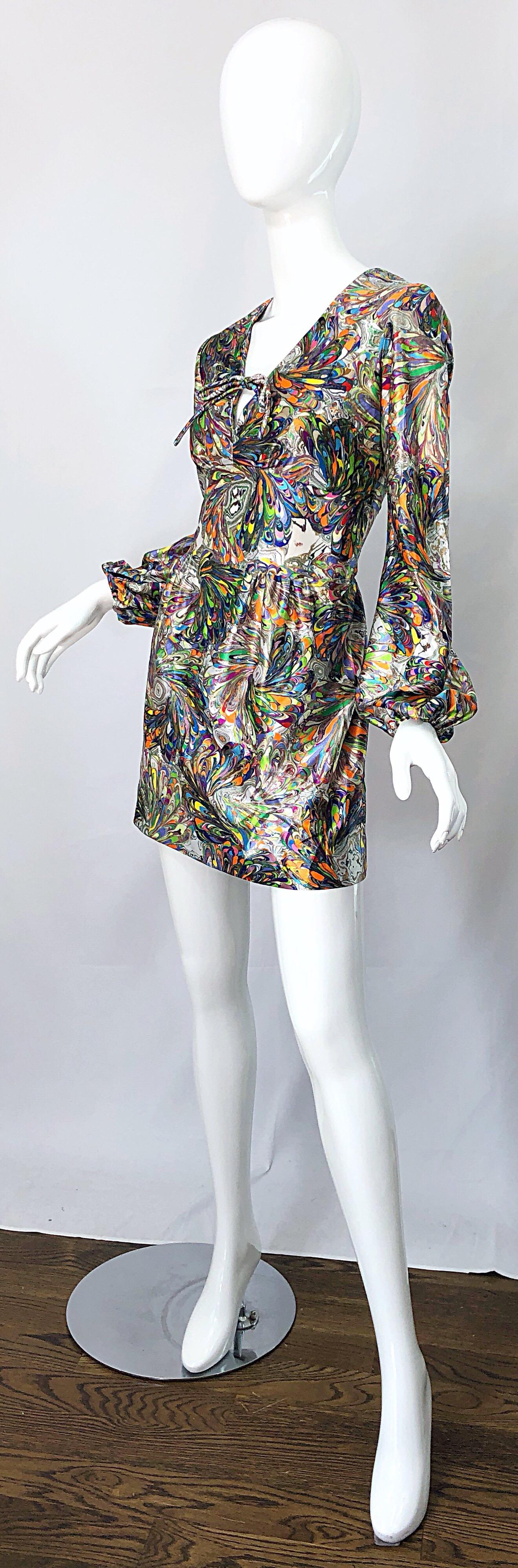 1970s Mosaic Swirl Vibrant Colored Bishop Sleeve Vintage 70s Tunic Dress 2